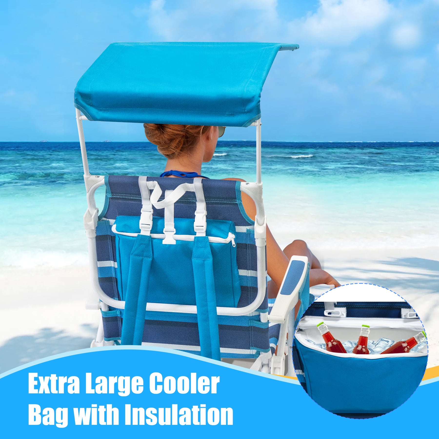 WILDYEE Double Camping Chair Heavy Duty Folding Loveseat with Sun Canopy and Cup Holders (Blue Stripe, 2 Pack) alb5d