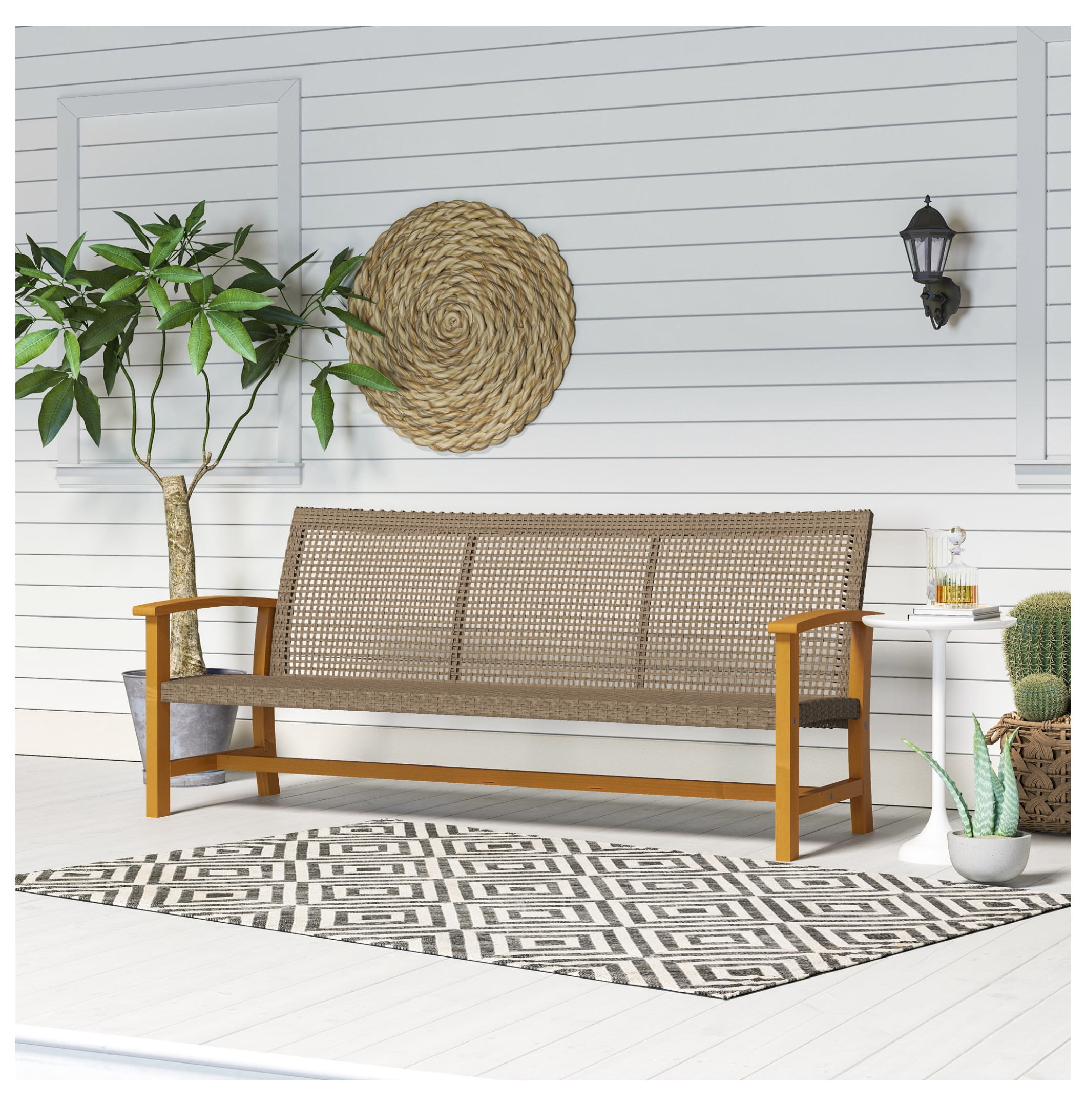 TeuheJ 3-Seat Wicker Outdoor Sofa, All-Weather Patio Couch with Acacia Wood Accents (Brown, 1000 lb Capacity) ee5pg