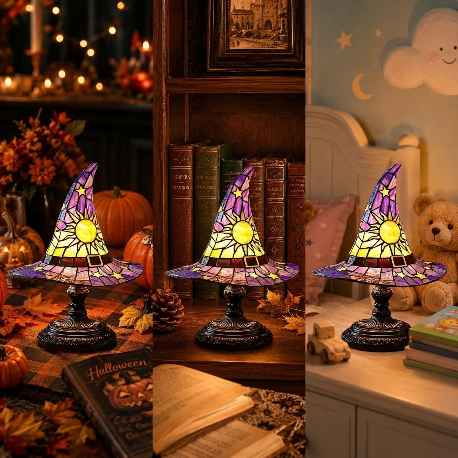 Outtop Halloween Witch Hat Stained Glass Table Lamp, Tiffany-Style LED Night Light with Sun and Star Motifs (Purple, 7.09 in) i3tdw