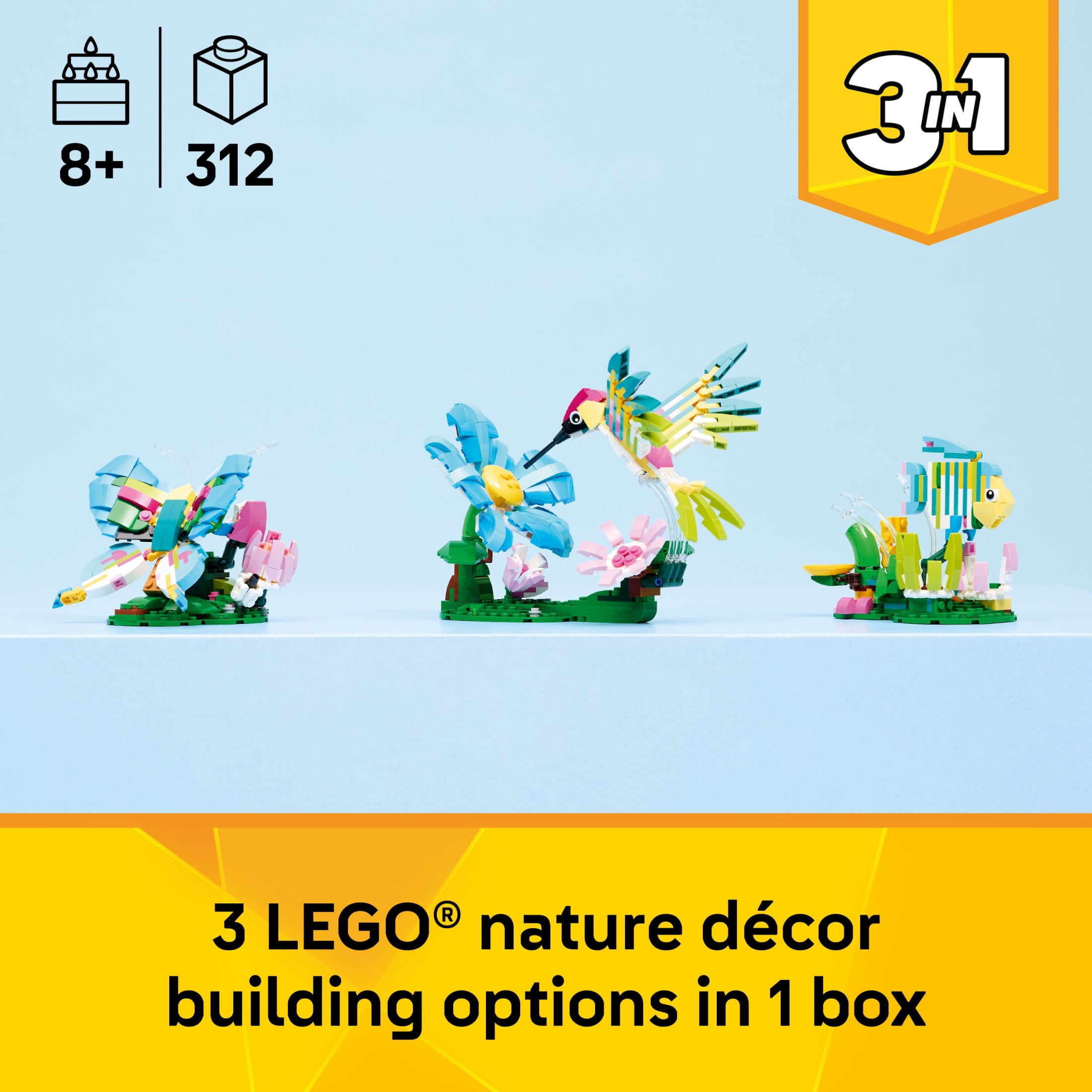 LEGO Creator 3-in-1 Wild Animals Building Set, Hummingbird, Butterfly, or Tropical Fish Model (312 Pieces) 7j0d5