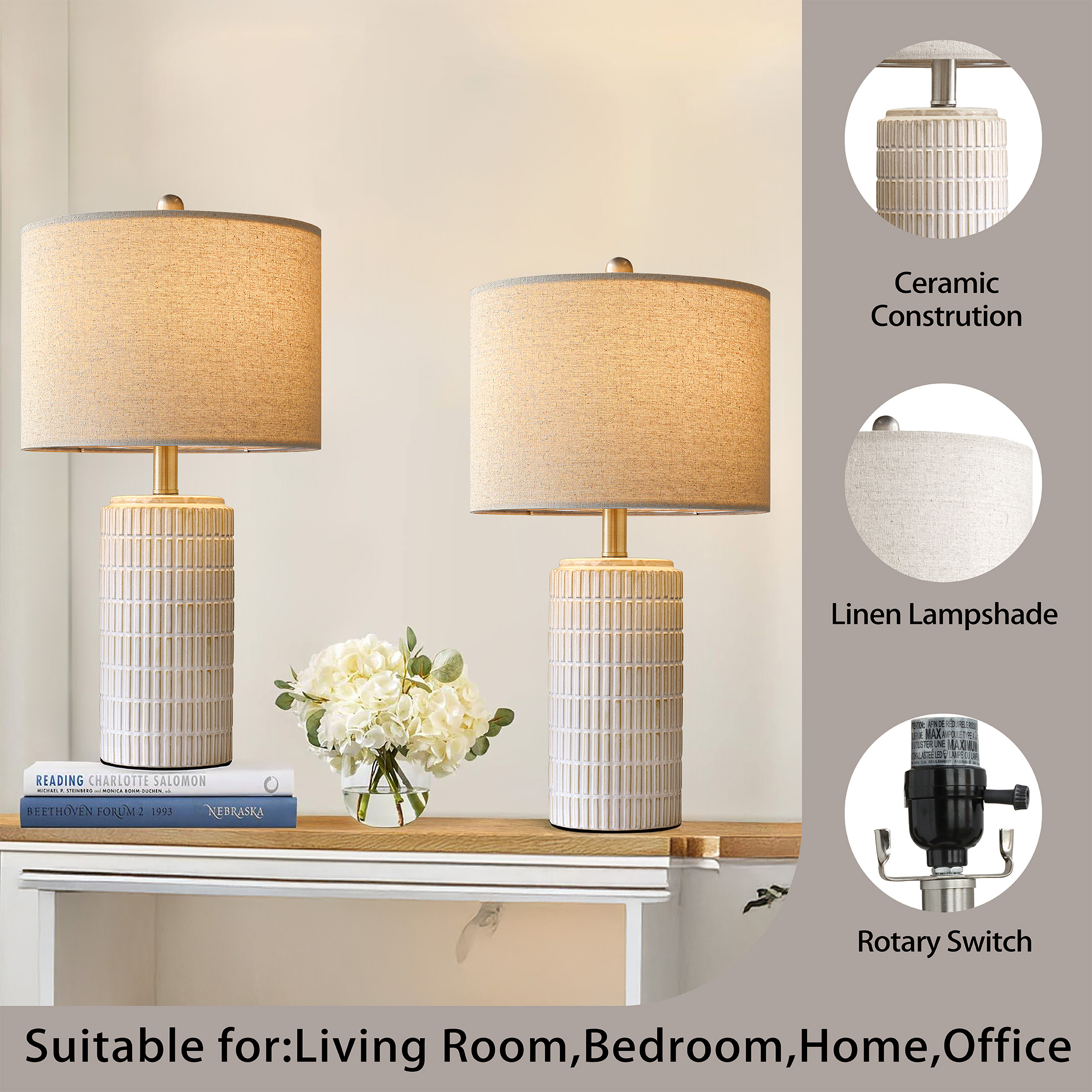 Oneach Ceramic Table Lamps Set of 2, Rustic Bedside Nightstand Lighting with Linen Shades (White, 23 in) 5a0kk