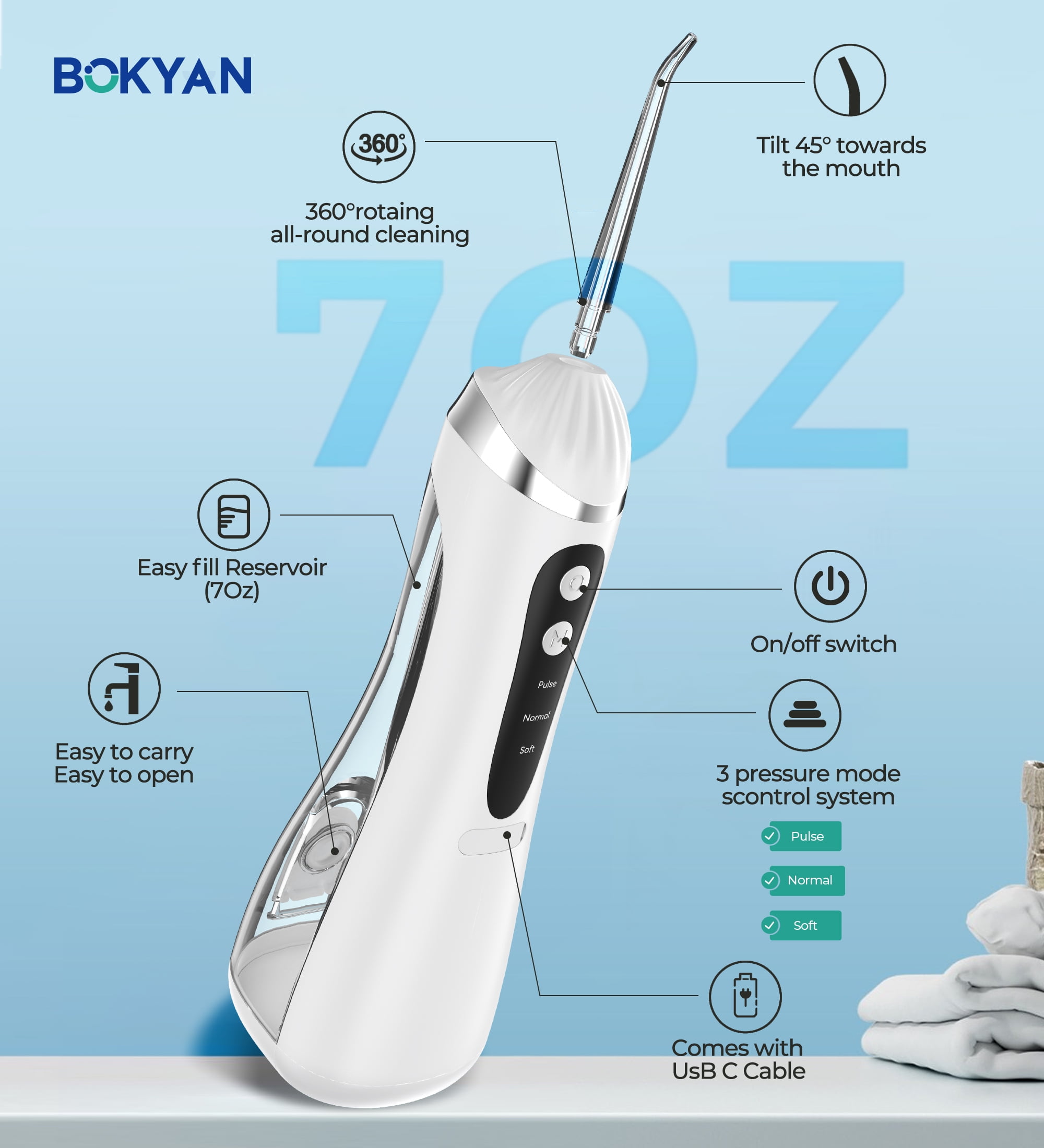 BOKYAN Cordless Water Flosser for Teeth, Portable Electric Dental Oral Irrigator with 3 Modes (White, 6.76 fl oz) qyg43