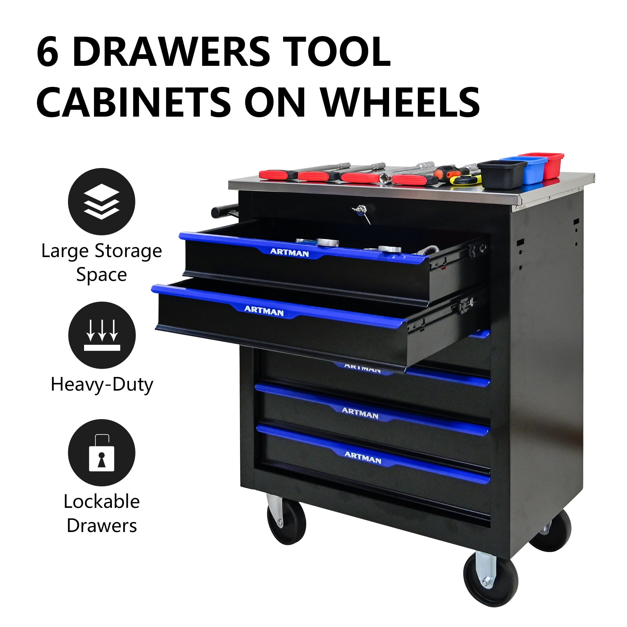 ARTMAN 6-Drawer Rolling Tool Storage Chest with Lockable Wheels (Blue, 1 Unit) rnldk