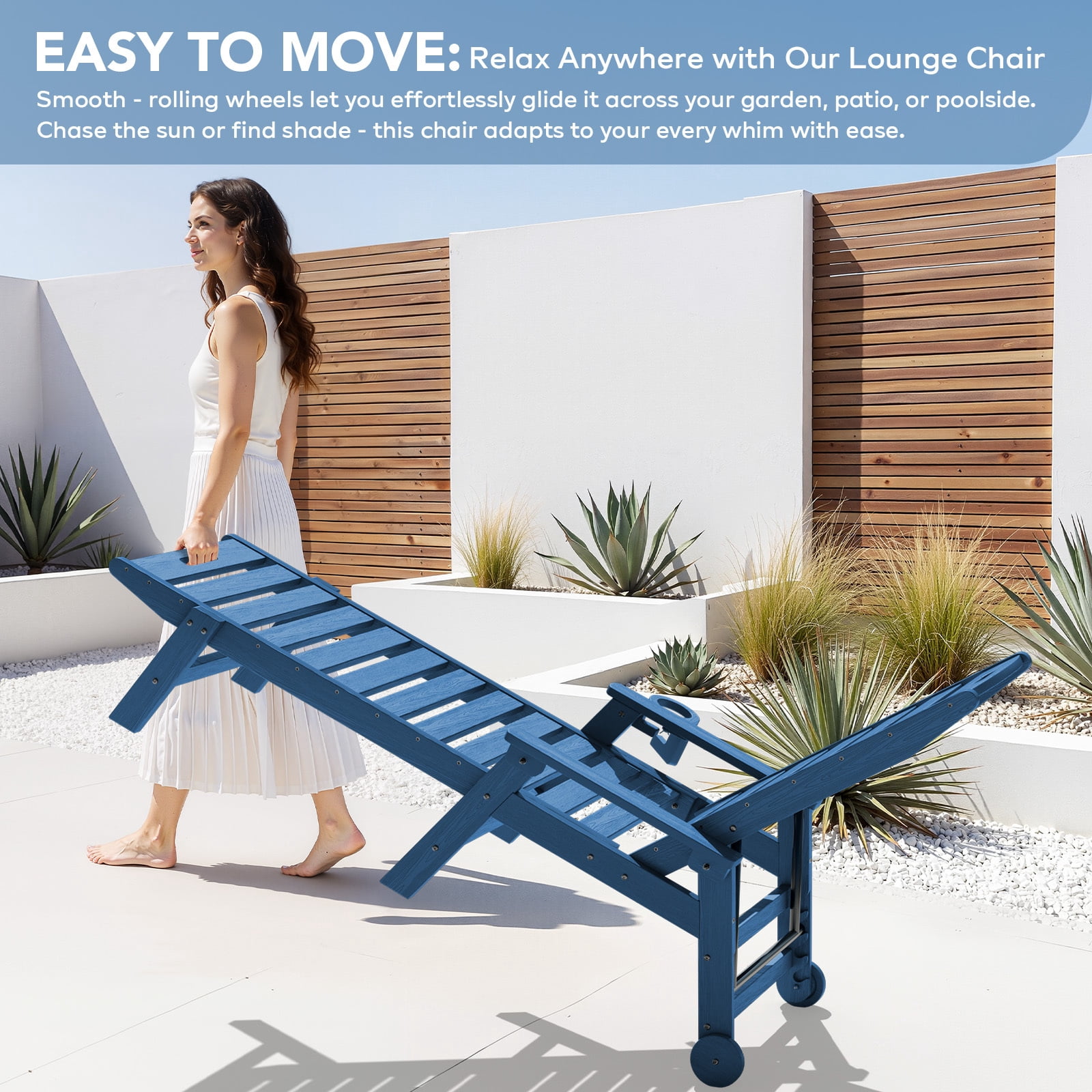 Loyalice Adjustable Wheeled HDPE Outdoor Patio Lounge Chair with Cup Holder (Navy Blue, 78.3 in x 25.1 in x 16.3 in) 2nwno