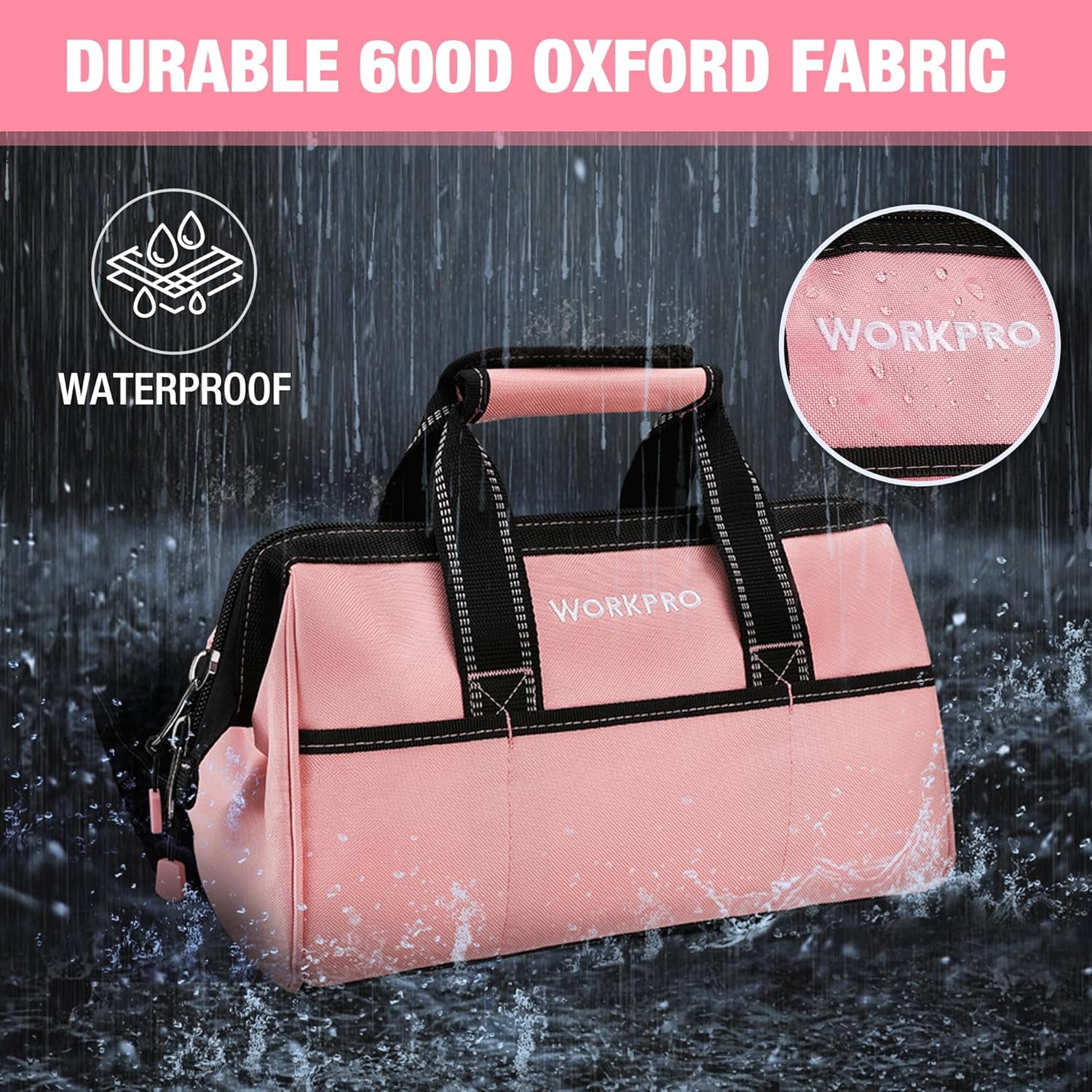 WORKPRO 13-inch Tool Bag, Heavy-Duty Soft Storage Tote with Wide Mouth and Pockets (Pink, 13.38 in x 6.69 in x 8.66 in) 6iikn