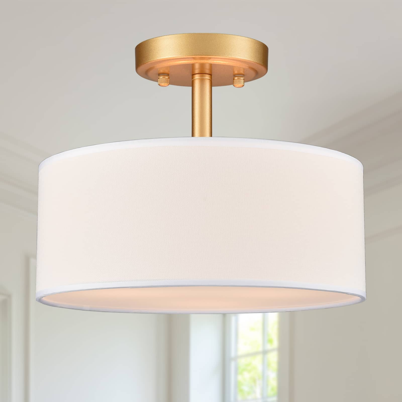 Claxy Modern Gold Flush Mount Ceiling Light Fixture with Beige Linen Drum Shade (11.81 in x 9.17 in) ahm55