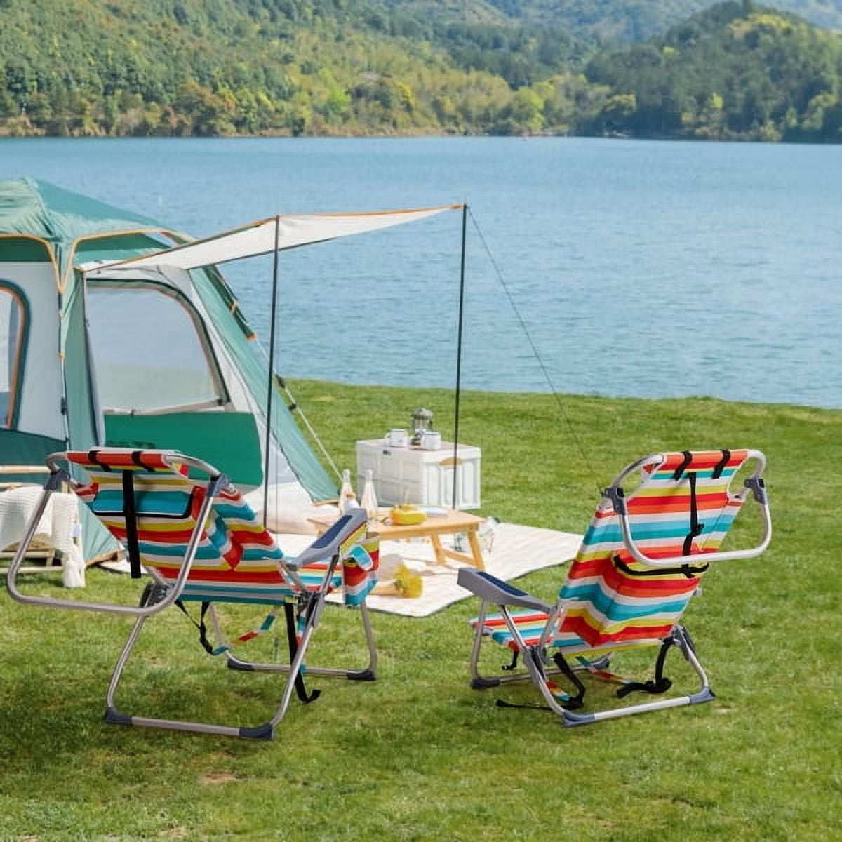 AsterOutdoor Folding Beach Chair with Adjustable Backrest and Cup Holder (Rainbow Stripes, 220 lb Capacity) d2h9m