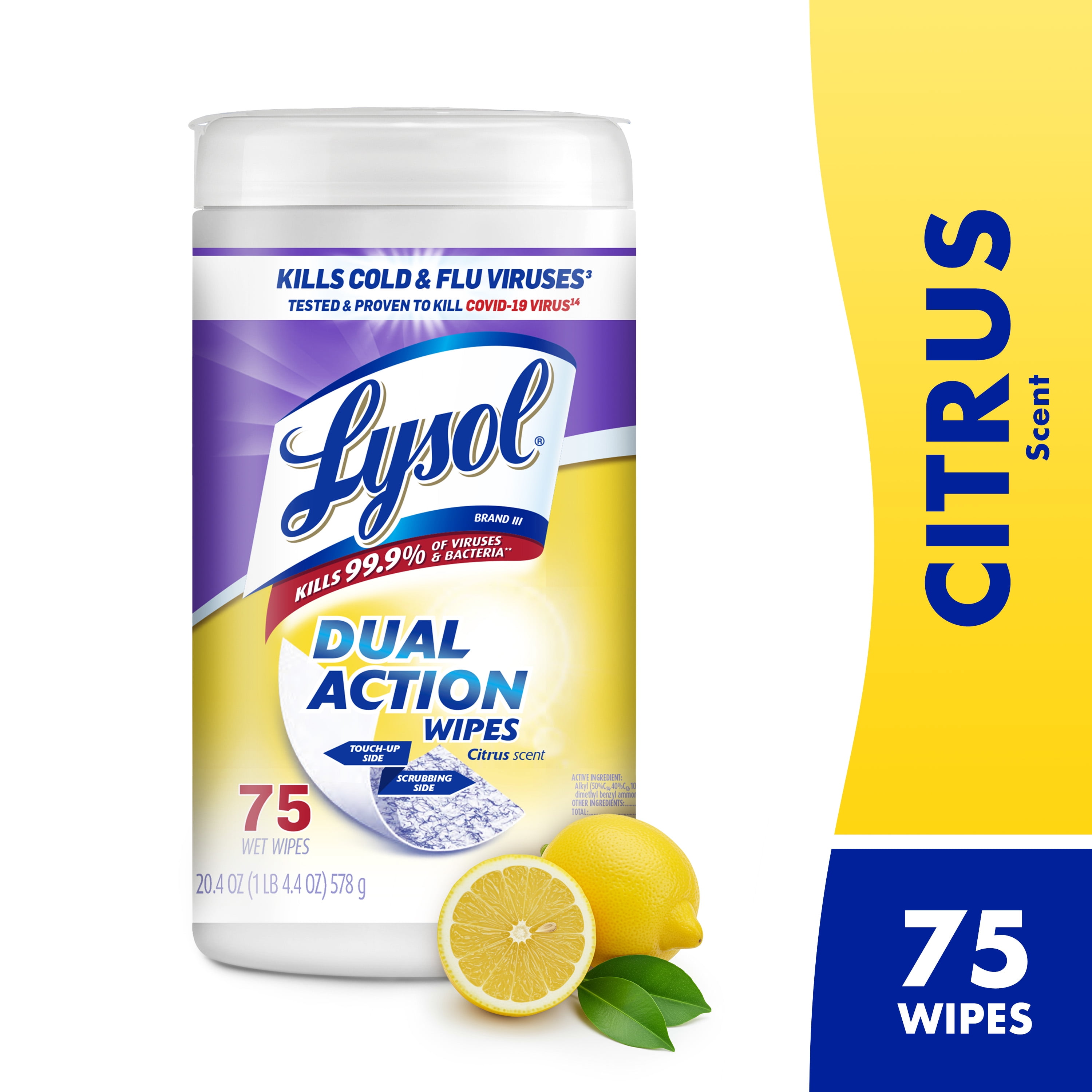 Lysol Dual Action Disinfectant Wipes, Multi-Surface Antibacterial Scrubbing Wipes, Citrus Scent (75 Count) ybpt4