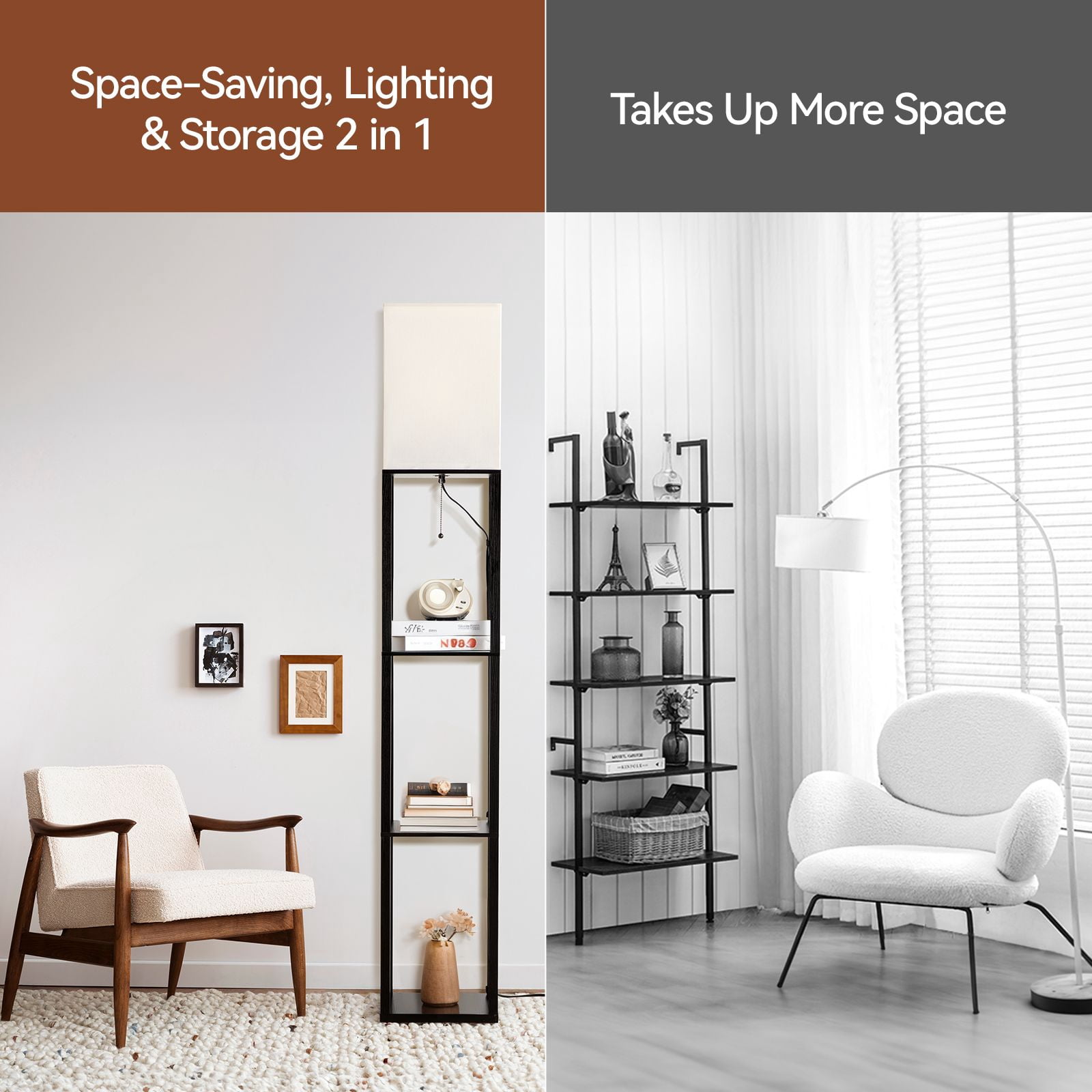 SUNMORY Floor Lamp with Shelves, Standing Lamp for Living Room and Bedroom, Modern Storage Shelf Lamp with LED Bulb (Black, 63 in) uk1io
