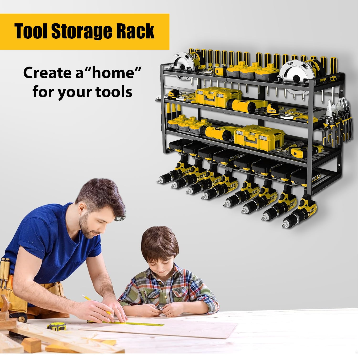 CATGOOD Power Tool Organizer, 4-Tier Wall Mount Storage Rack for 8 Drills, Heavy-Duty Metal Workshop Shelf (Black) jj1hx