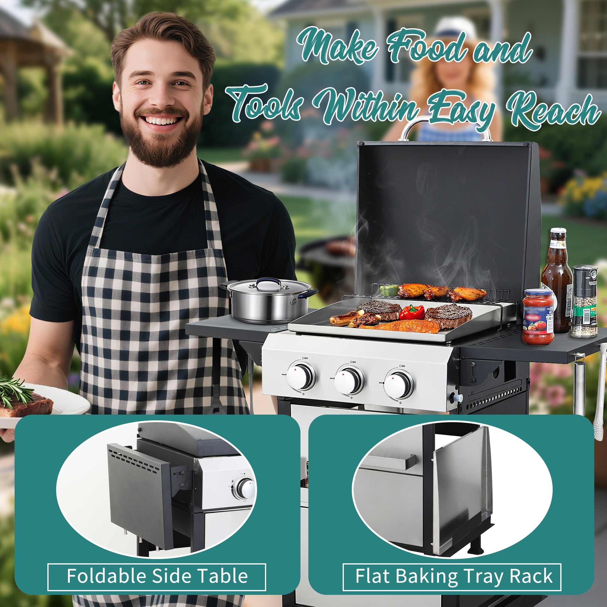 Nice Coker 3-Burner Propane Gas Grill with Griddle Combo, Outdoor BBQ Station with Folding Side Table (Silver, 36,900 BTU) g1qvo