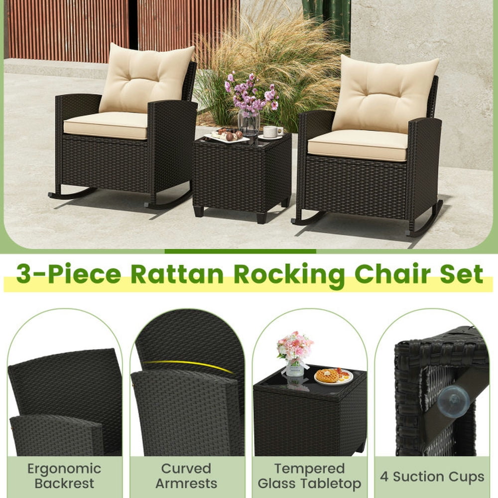 Barara King 3-Piece Outdoor Patio Rattan Rocking Chair Set with Tempered Glass Table and Cushions (Beige, 31.5 in x 26 in x 31.5 in) msh7w