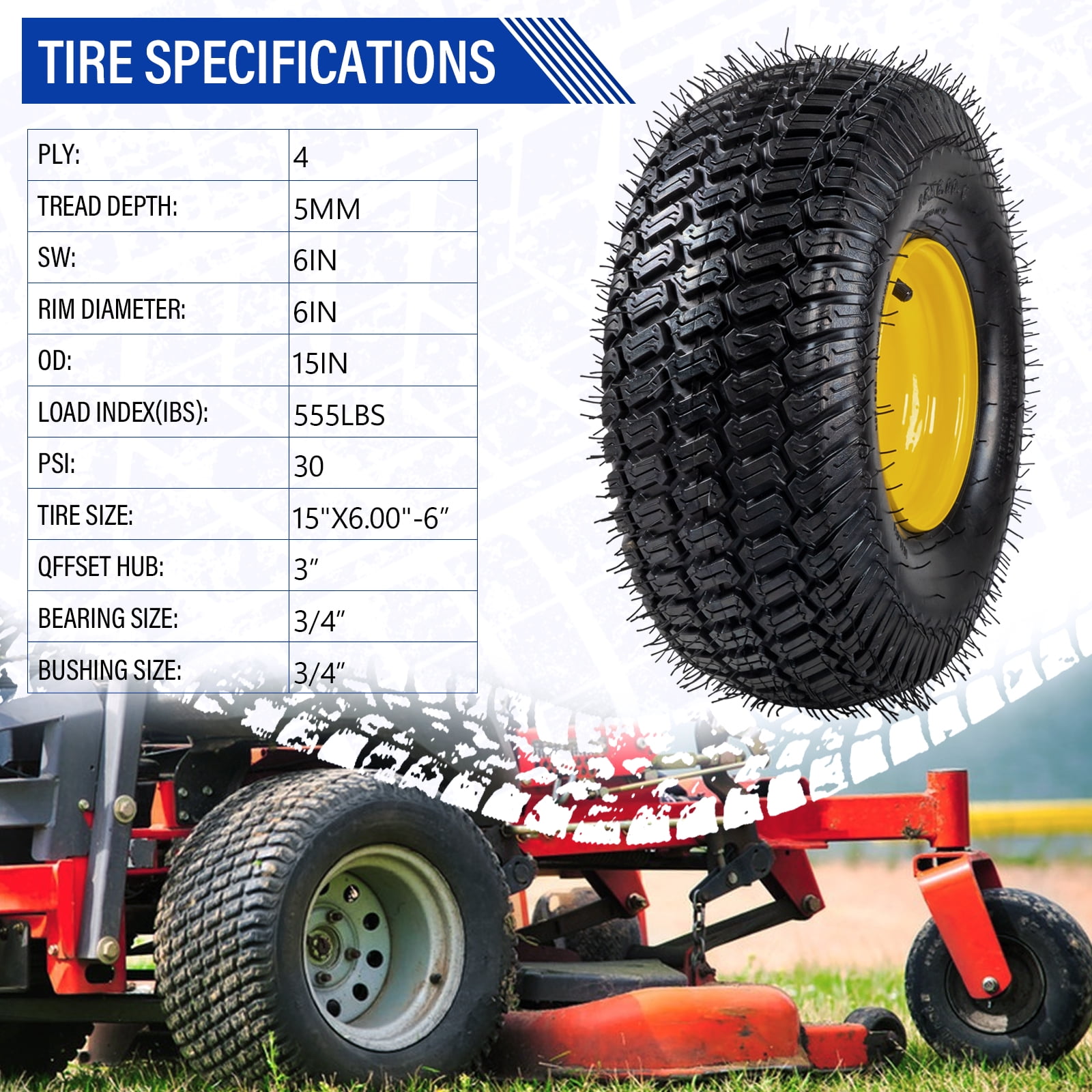 Ktaxon 15x6.00-6 Riding Lawn Mower Front Tire and Wheel Assembly (Black, 2 Pack) gmxmf