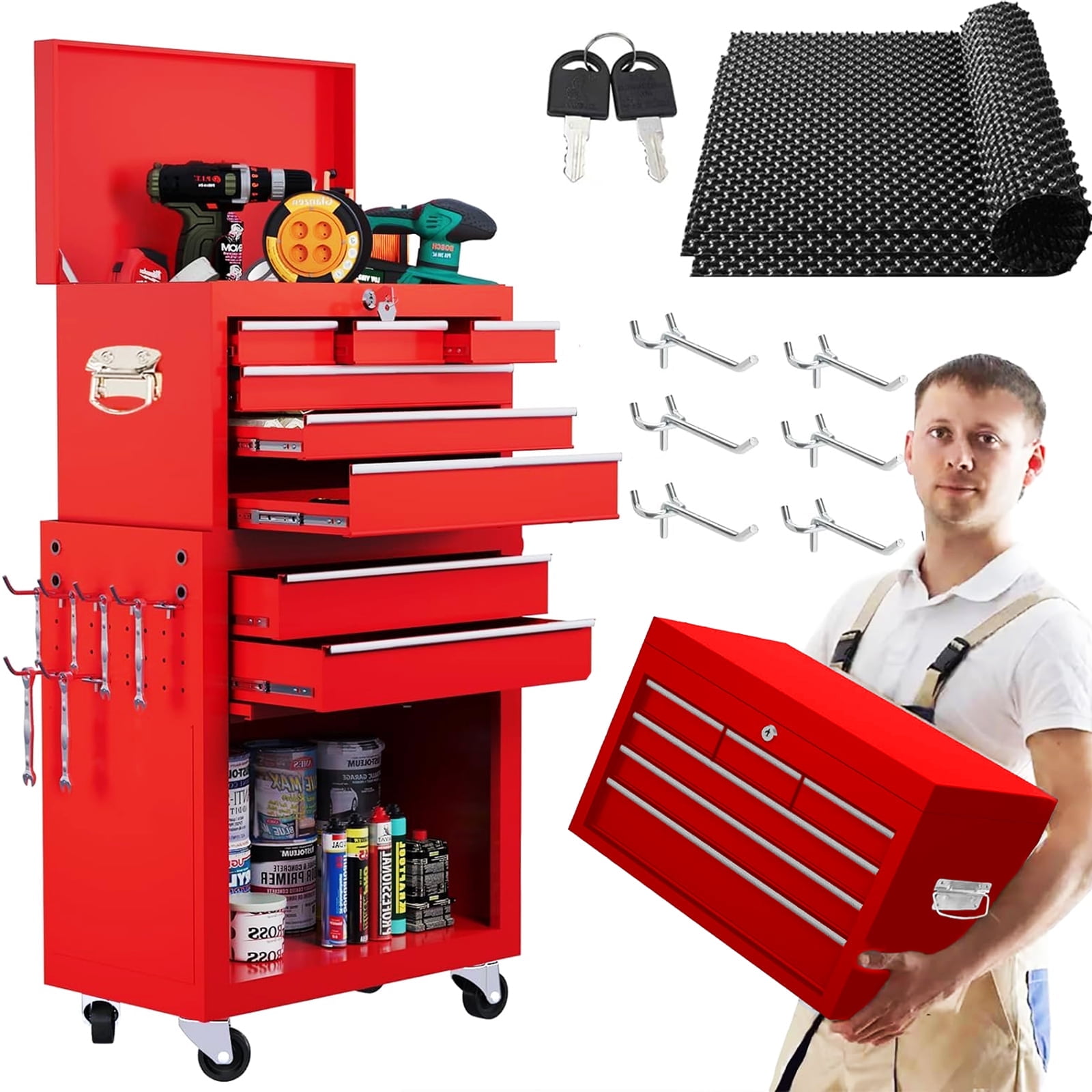 Clickoods 8-Drawer Rolling Tool Chest, 2-in-1 Detachable Metal Tool Box Cabinet with Wheels (Red, 24 in x 13 in x 43 in) ykmzs