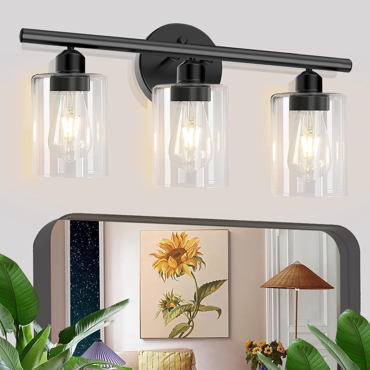 Cshidworld 3-Light Dimmable Vanity Light Fixture with Clear Glass Shades (Black, 22 in) w9c6d