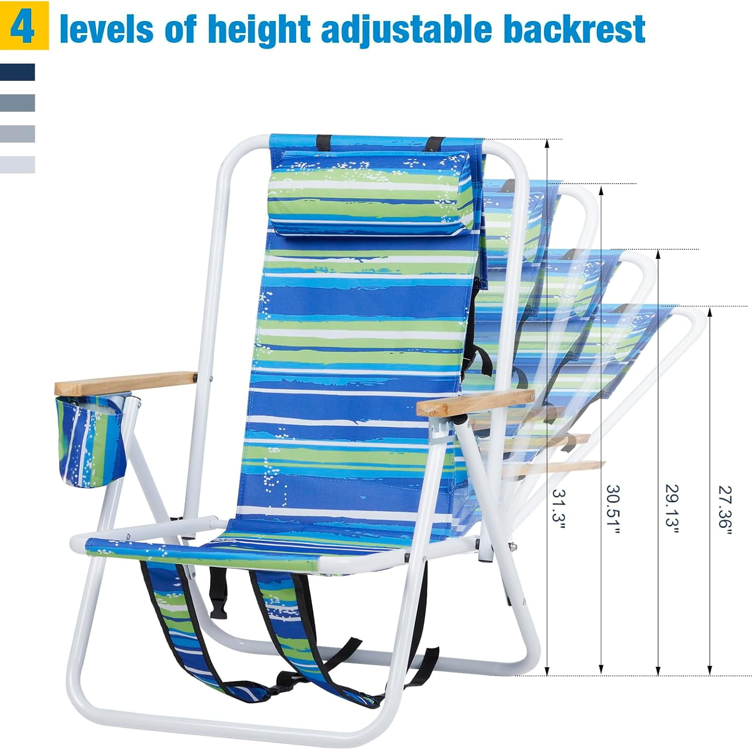 LiteHaven Folding Beach Chair with Adjustable Headrest and 4-Position Tilt (Blue, 24 in x 22 in x 32 in) ohw1p