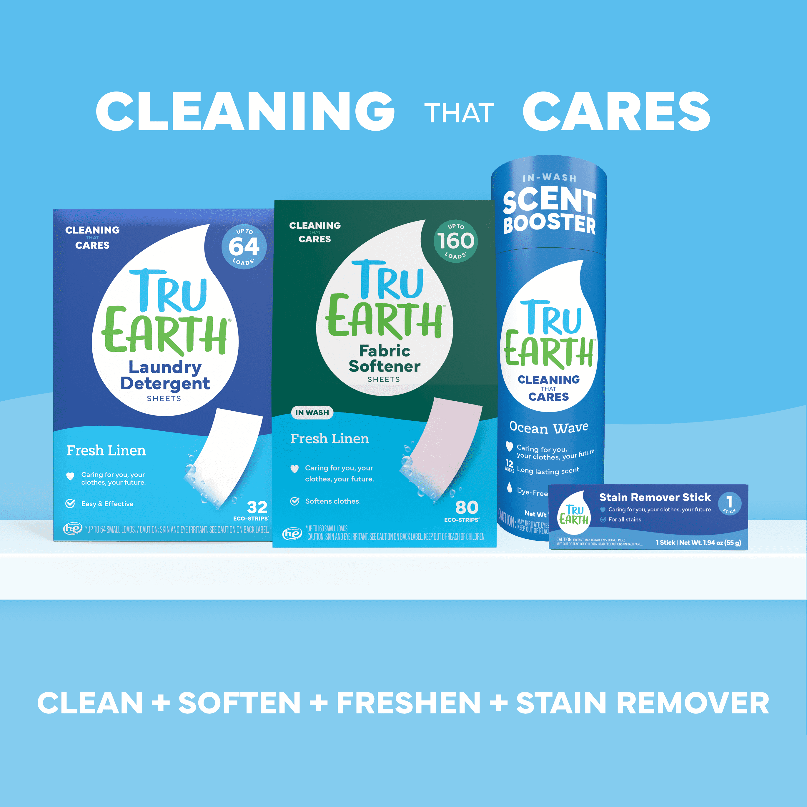 Tru Earth Laundry Detergent Sheets, Fresh Linen Scent, Eco-Friendly Concentrated Strips (64 Loads) 2x5ls