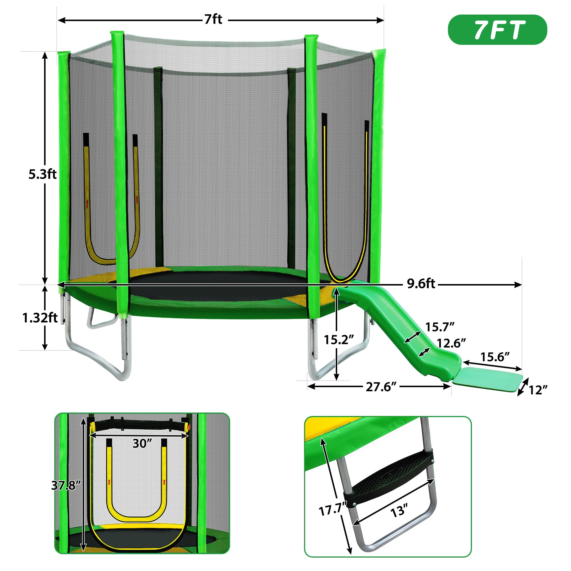 CASEMIOL 7ft Kids Trampoline with Safety Enclosure Net, Slide, and Ladder (Green, 7ft) xeexk
