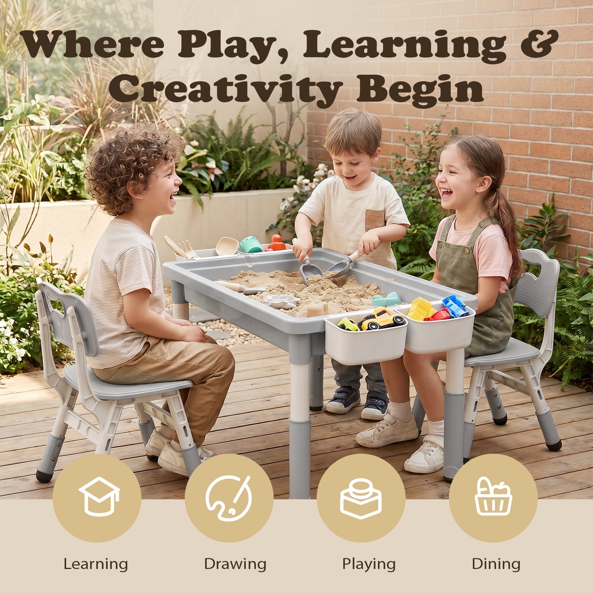 AILEEKISS Kids Activity Table and Chair Set, Building Block Play Desk with Storage (Grey) olmnm