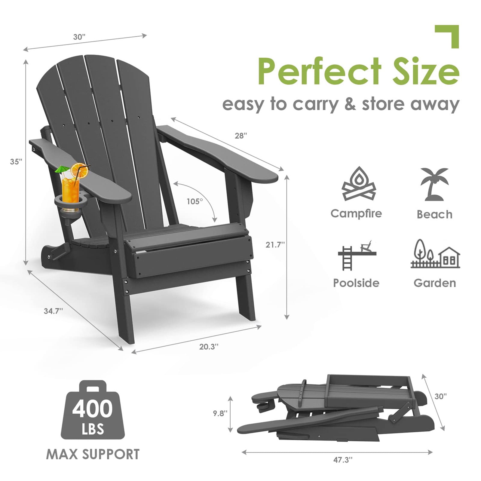 Tappio Foldable HDPE Adirondack Chair, All-Weather Outdoor Patio Seat with Cup Holder (Gray, 380 lb Capacity) ee82i