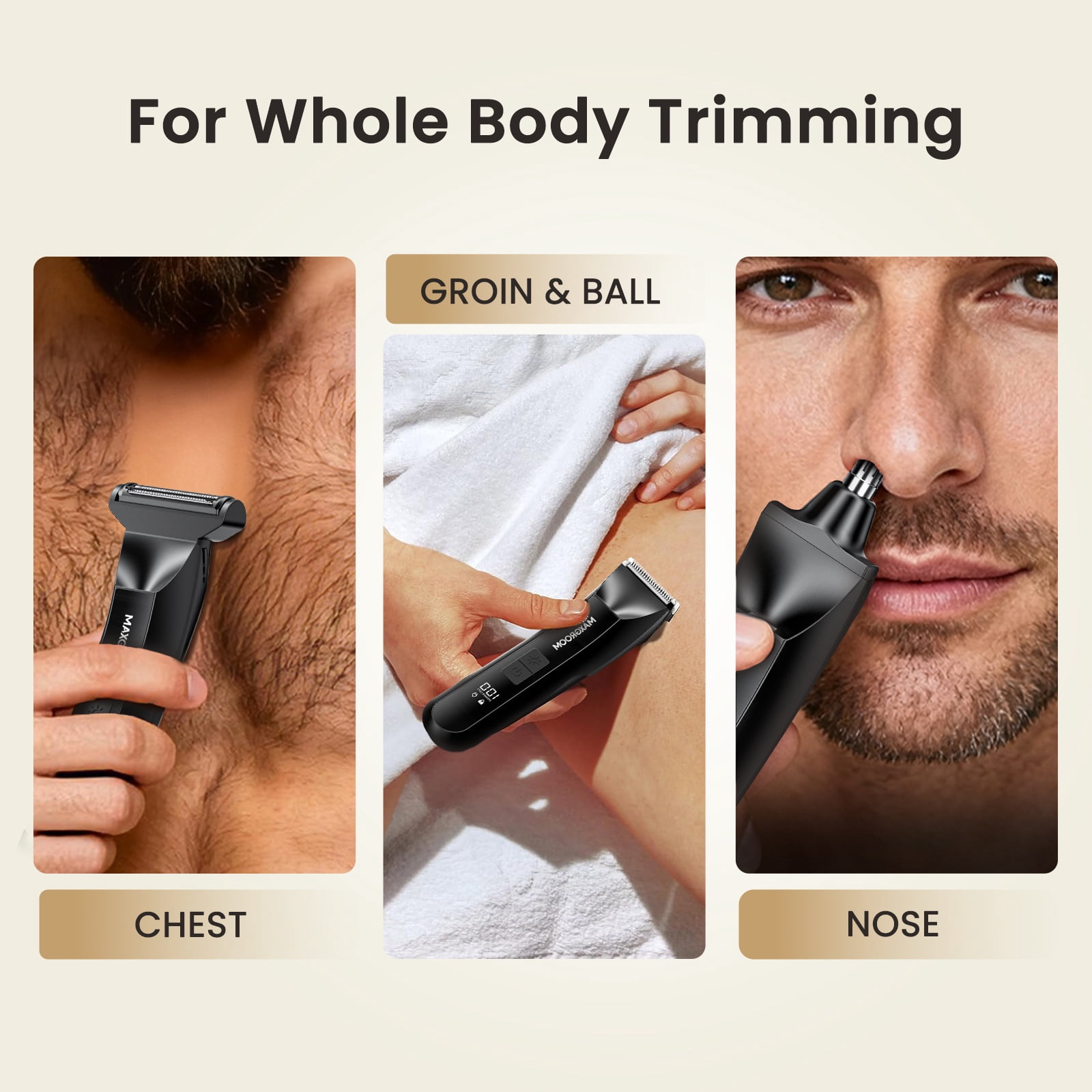 MAXGROOM 3-in-1 Electric Body Hair Trimmer for Men, Waterproof Groin & Ball Shaver with LED Light (Black, 1-Pack) cw9dw
