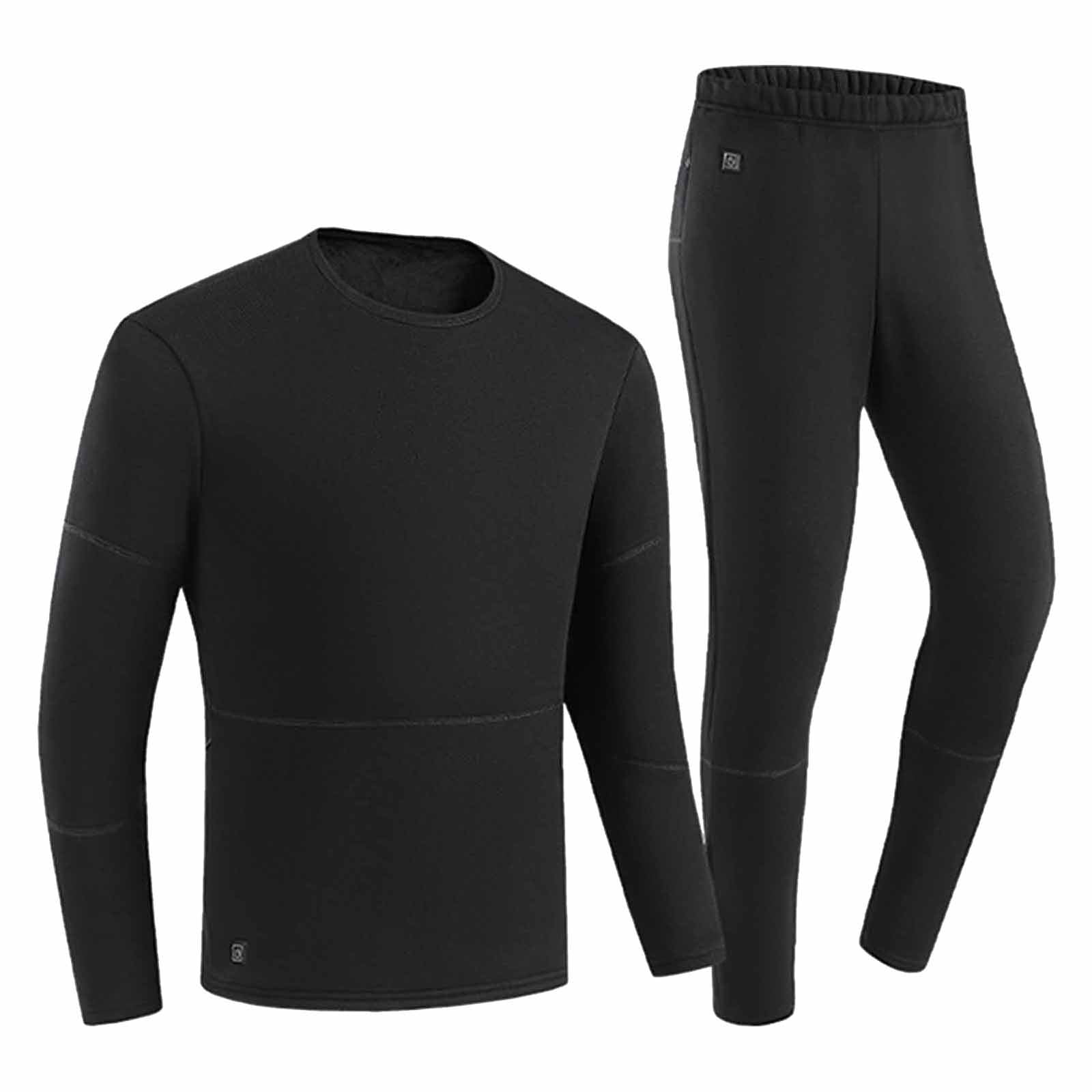 Maqroz Mens Heated Thermal Underwear Set (Black, Large) Long Sleeve Crewneck Top and Leggings Base Layer 8cw52