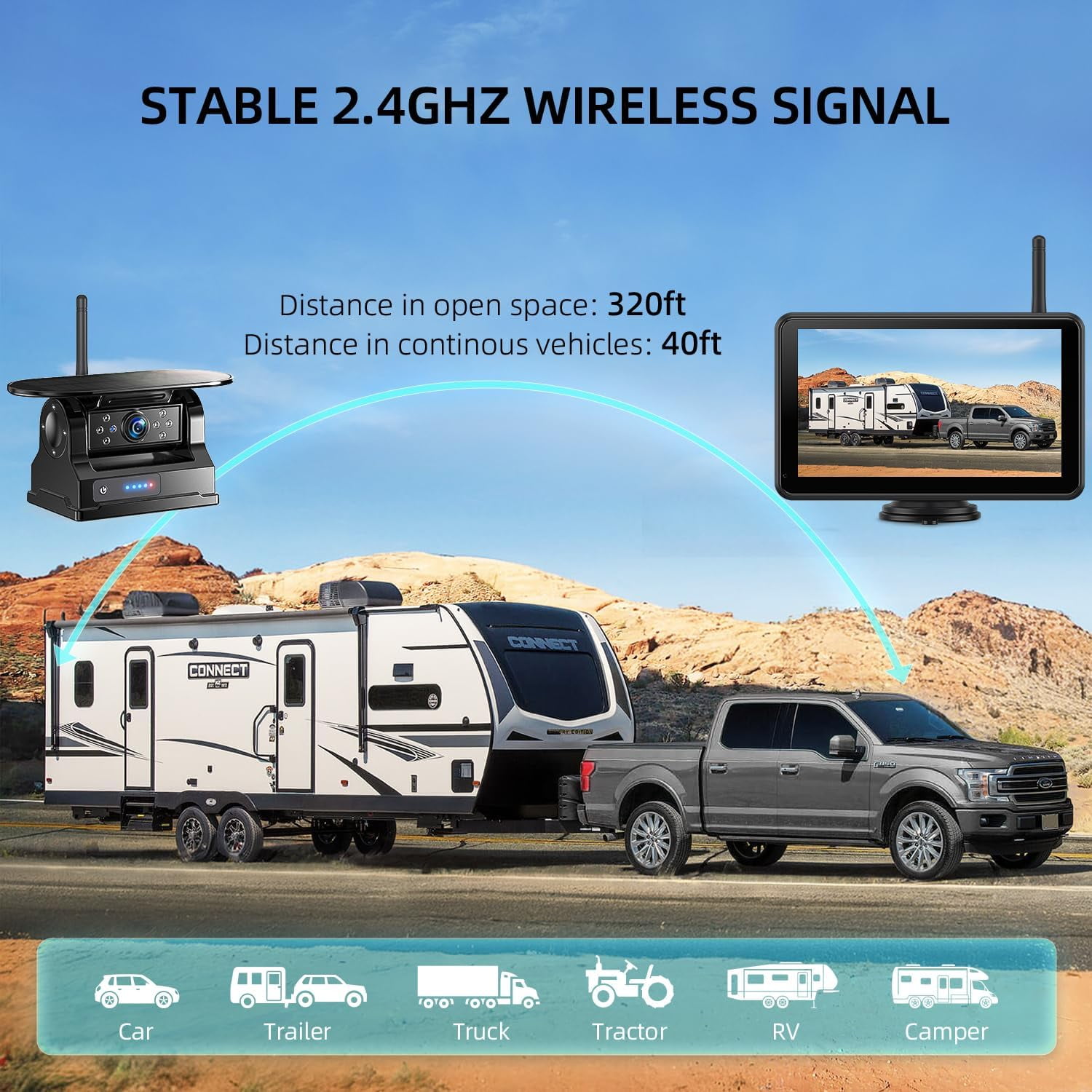 eRapta Magnetic Solar Wireless Backup Camera System (7 in 1080P Touchscreen, Dual Cameras, Black) o9zmu