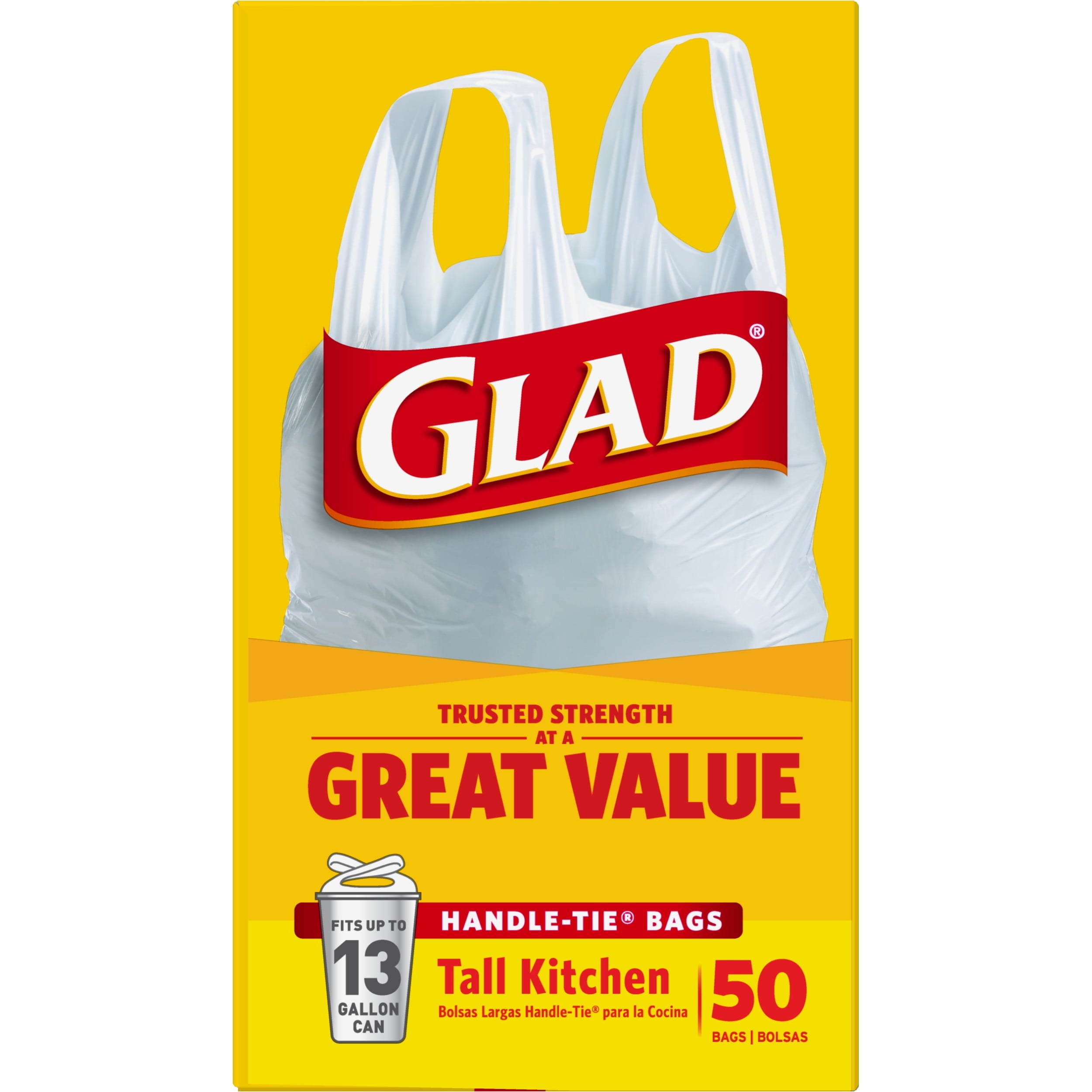 Glad Tall Kitchen Trash Bags with Handle-Tie Closure (White, 50 ct) rencv
