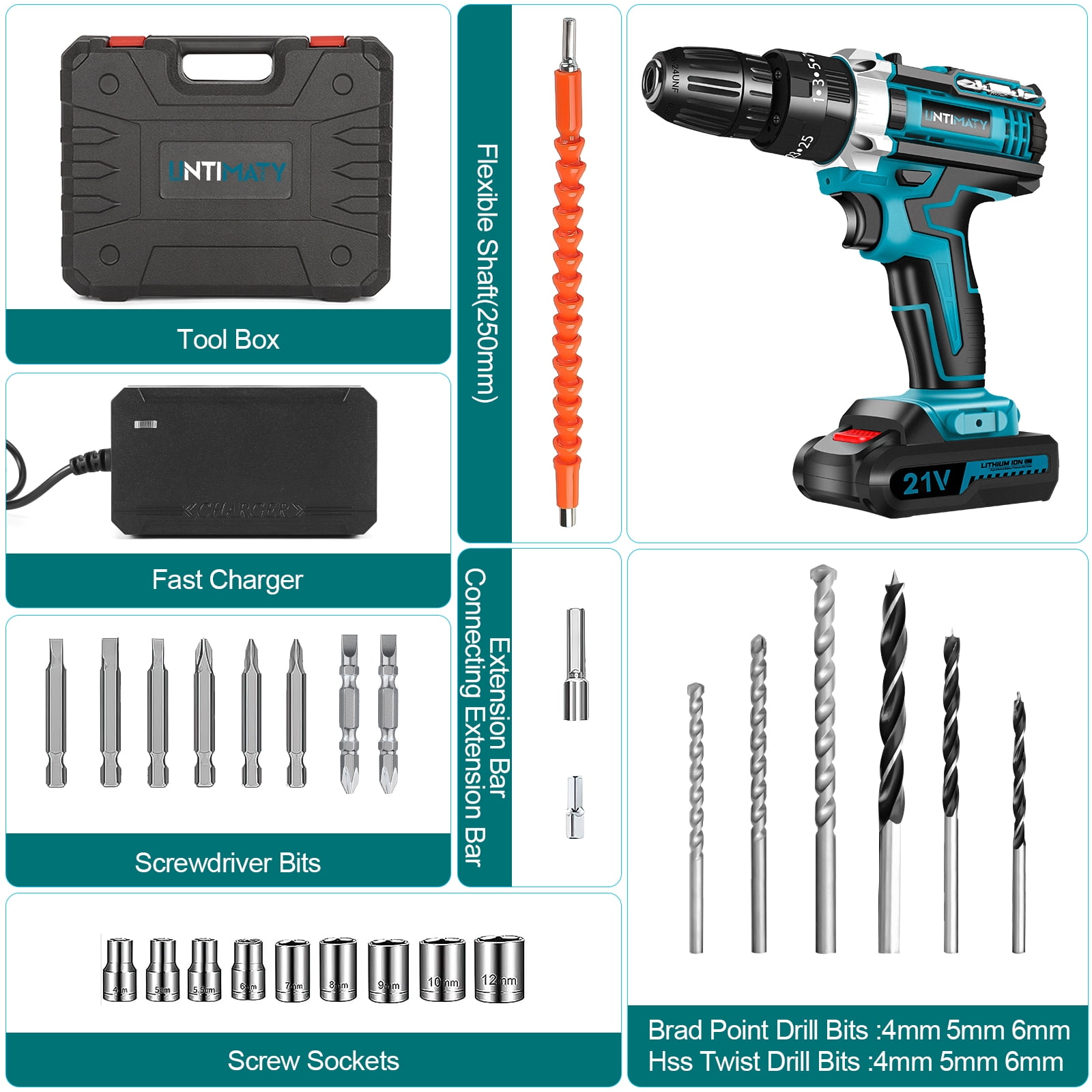 UNTIMATY 21V Cordless Power Drill Set with Battery and Charger (Blue, 3/8 in Chuck) zhzbb
