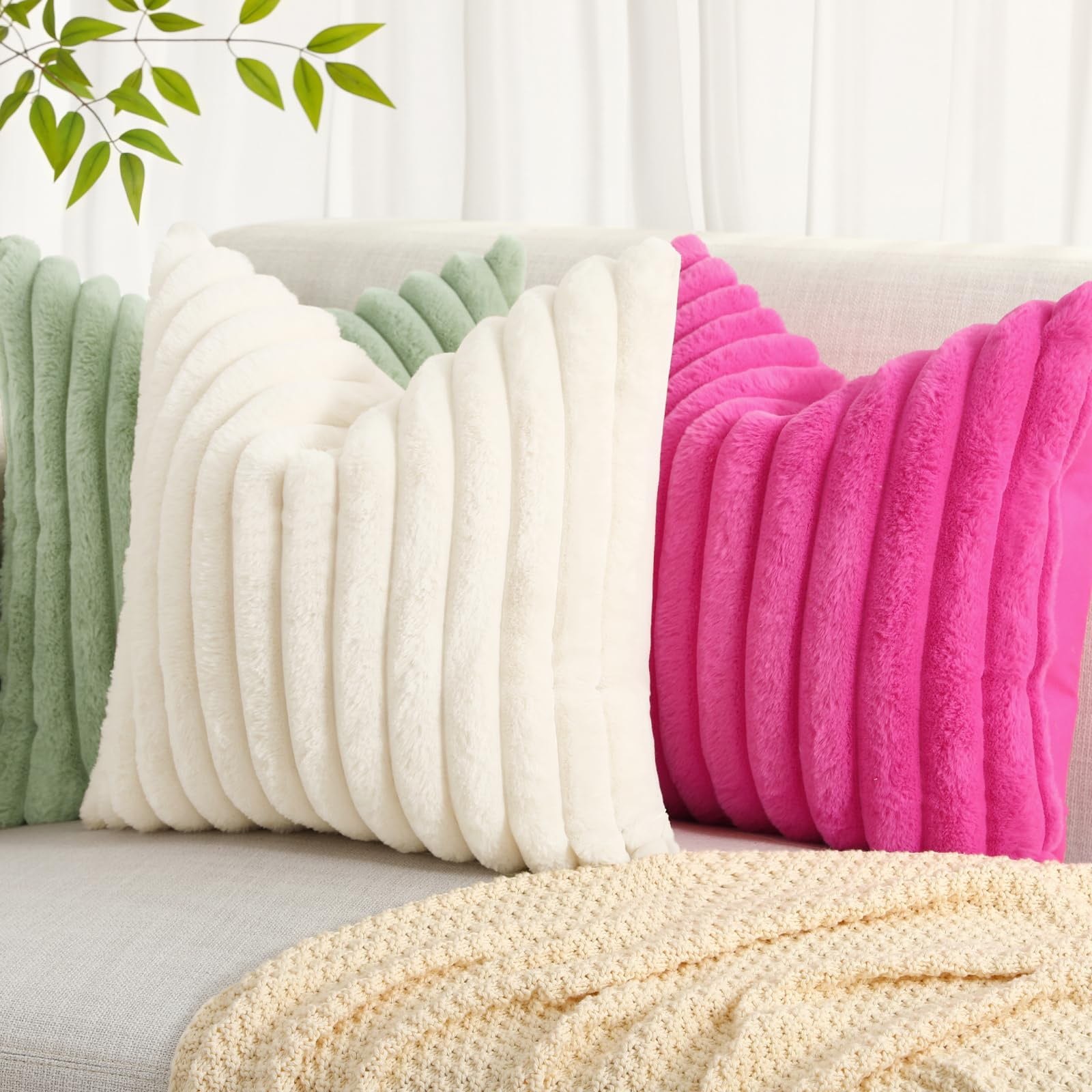decorUhome Faux Fur Plush Throw Pillow Covers, Soft Striped Decorative Couch Cushion Cases (Cream White, 18x18 in, 2 Pack) qzjp8