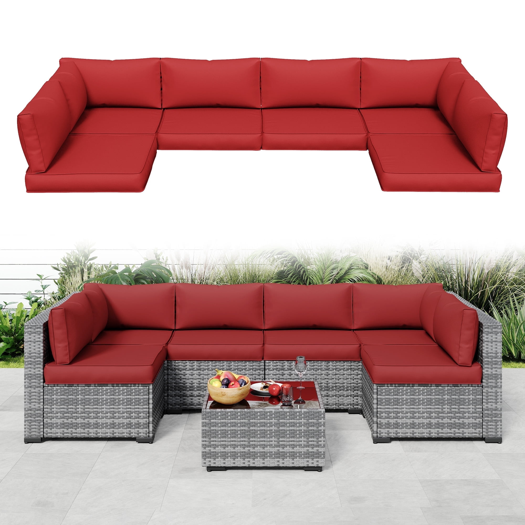 ELPOSUN Outdoor Patio Furniture Replacement Cushions, Deep Seat Sectional Sofa Cushions, Water-Resistant Fabric (Red, 14-Piece Set) px94t