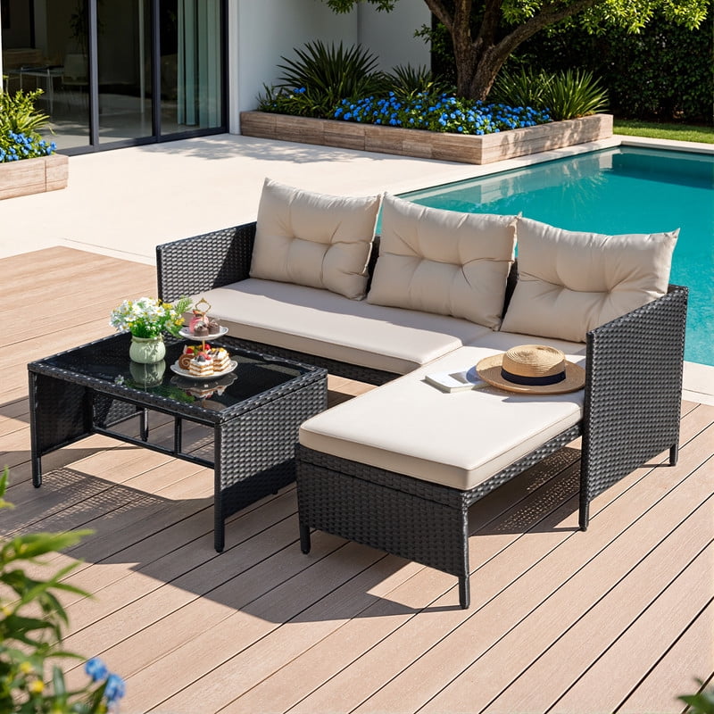Lacoo 3-Piece Patio Furniture Conversation Set, All-Weather Wicker Rattan Outdoor Seating with Tempered Glass Coffee Table (Beige) mn0gt