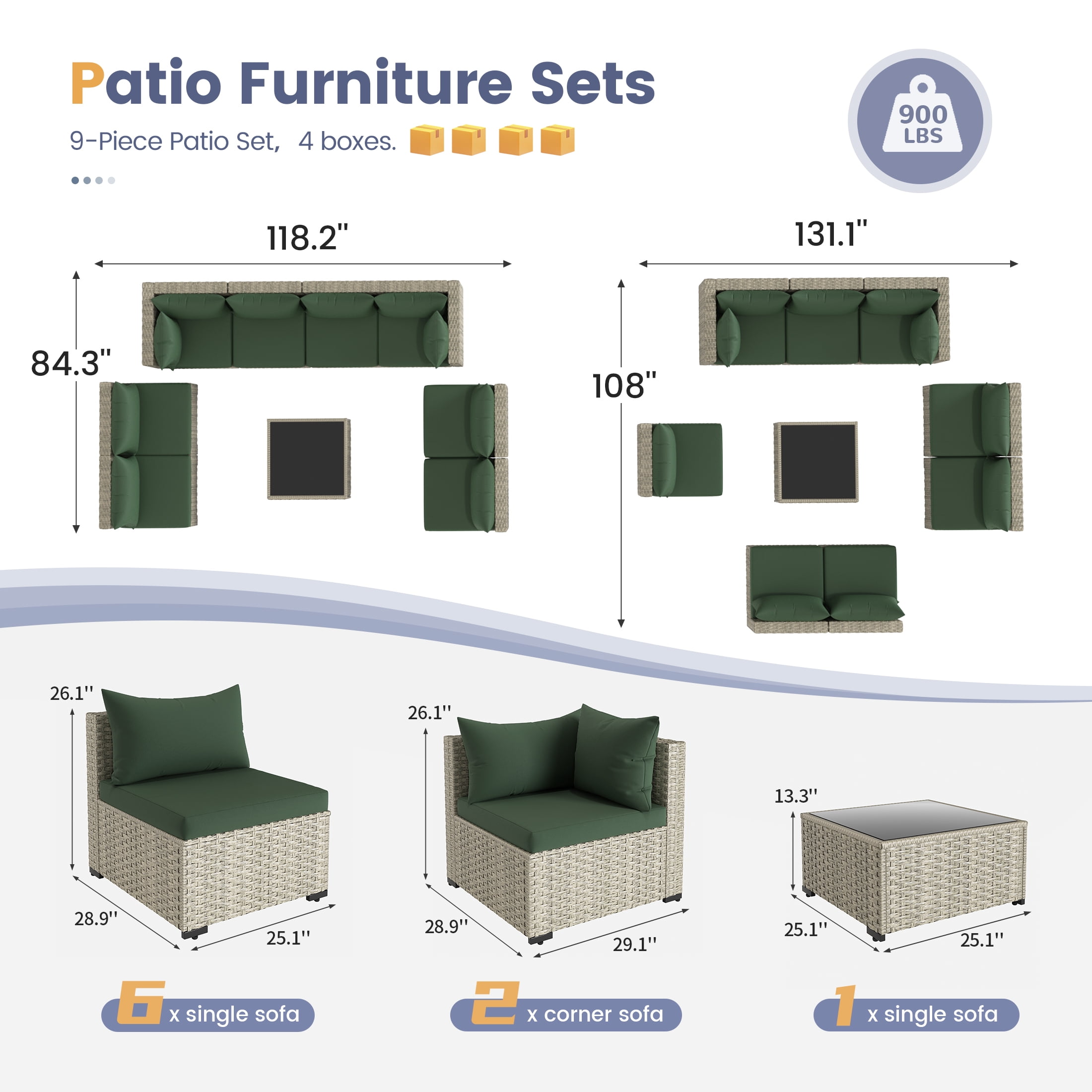 UDPATIO 9-Piece Outdoor Wicker Patio Furniture Set with Cushions, Weather-Resistant Conversation Set for Backyard and Garden (Green) y8tz6