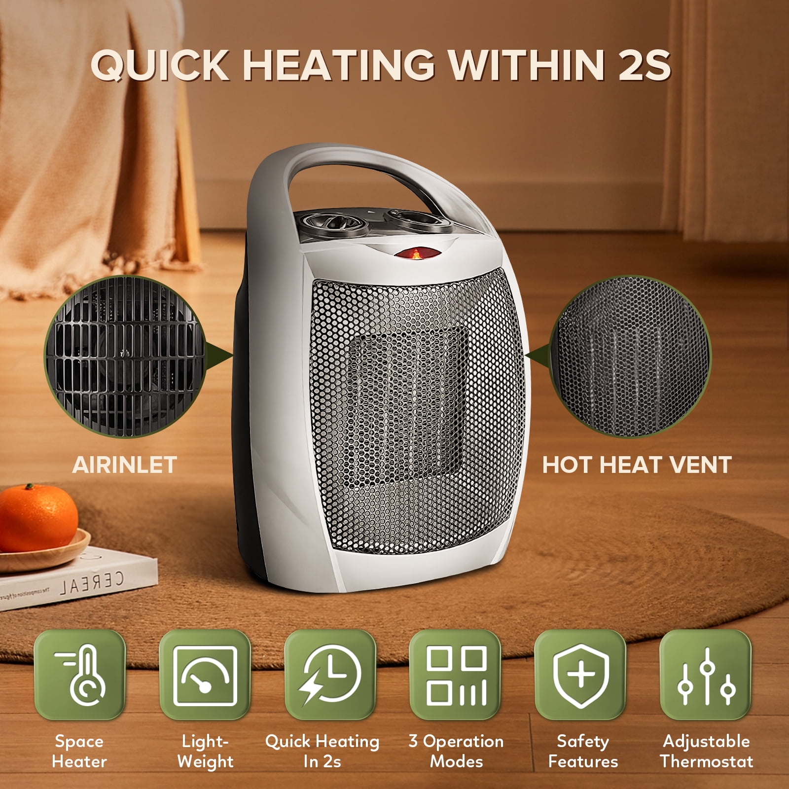 Electactic Ceramic Space Heater, Portable Electric Fan with Adjustable Thermostat and Overheat Protection (Silver, 9.45 in x 7.28 in x 5.31 in) m97y2