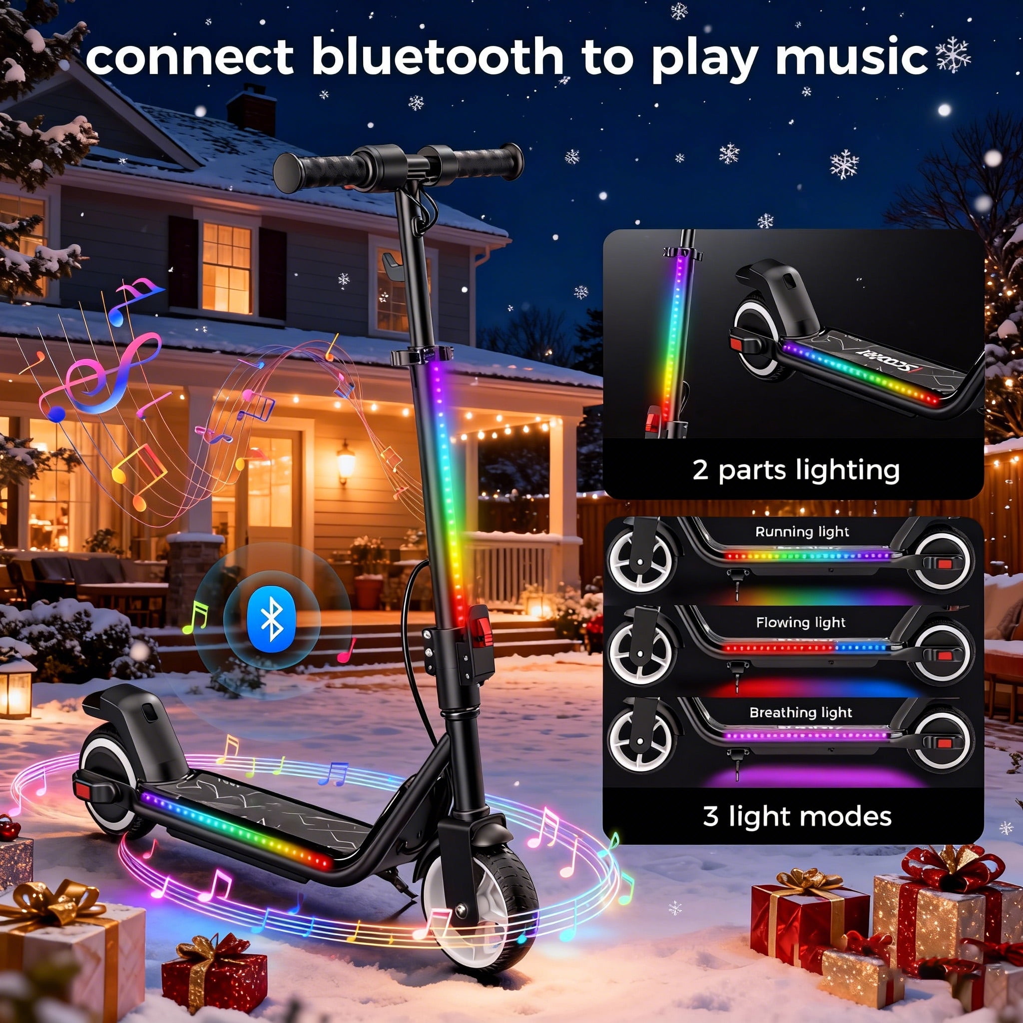 Generic Electric Scooter for Kids, 200W Foldable E-Scooter with Bluetooth Speaker, LED Display, 3-Speed Modes, Adjustable Height (Black, 6.5 in Wheels) fkxpa