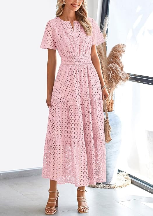 PRETTYGARDEN Womens Summer Maxi Dress V Neck Short Sleeve Eyelet A-Line Flowy Beach Vacation Dress (Pink, XL) x6cup