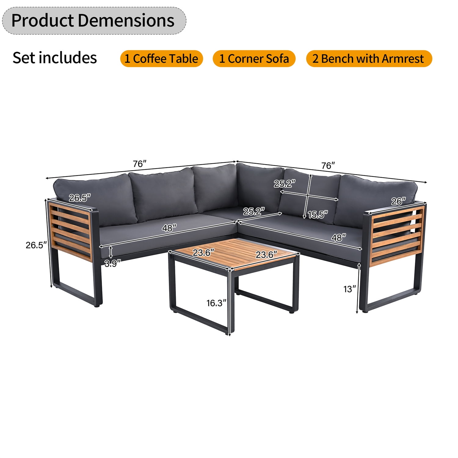 YIORTWO 4-Piece Outdoor Patio Furniture Set, L-Shaped Sectional Sofa with Gray Cushions and Acacia Wood Coffee Table (Black Metal Frame, 4-Piece Set) tm9zi