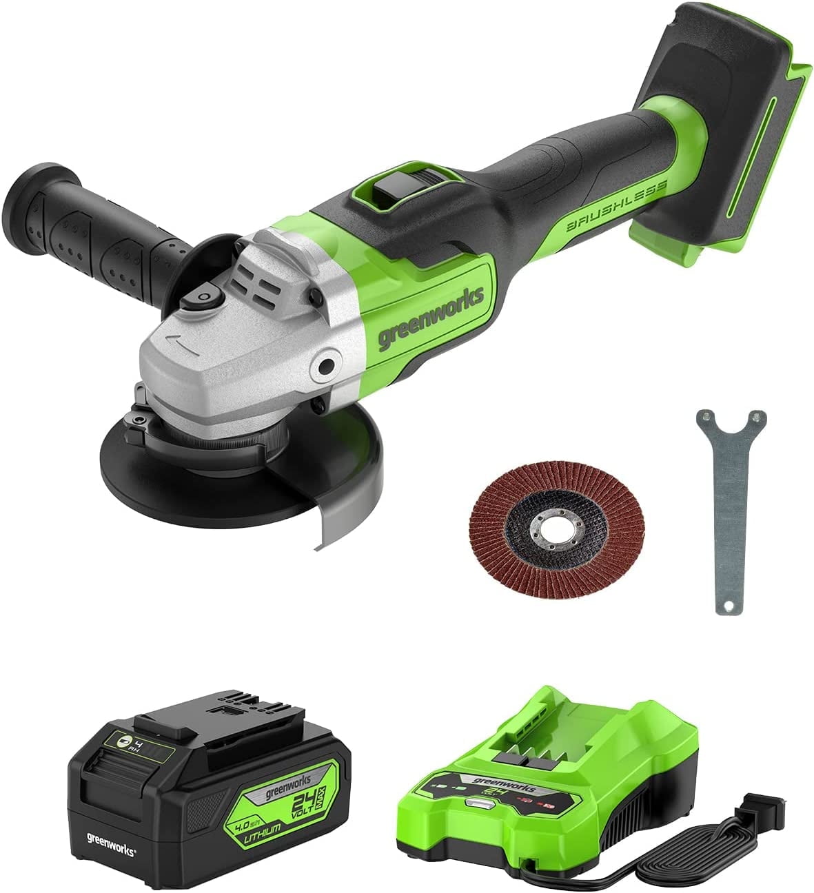 Greenworks 24V Brushless Angle Grinder with 4Ah USB Battery and Charger (Green, 4.5 in) h0a5u