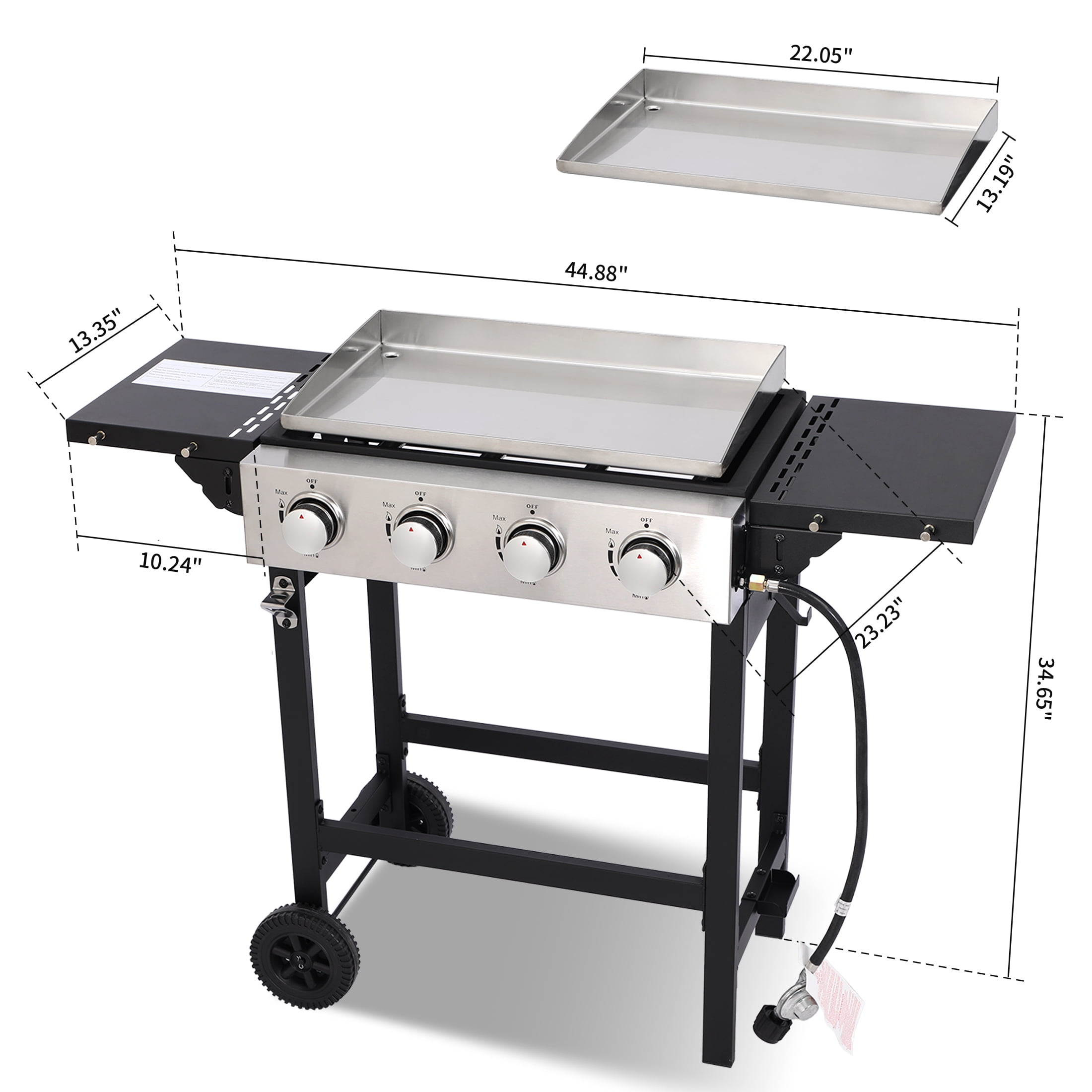 Garden It 4-Burner Propane Flat Top Gas Grill, Outdoor Griddle with Stainless Steel Pan and Side Shelves (Black, 40000 BTU) hflsn