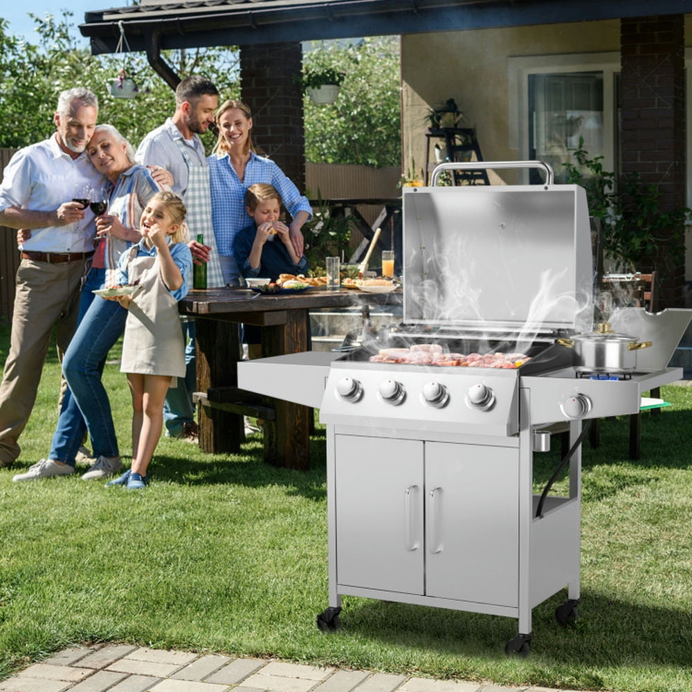 Aimee Lii 5-Burner Propane Gas Grill with Side Burner and Prep Tables (Silver, 516 sq in) 3b6cr