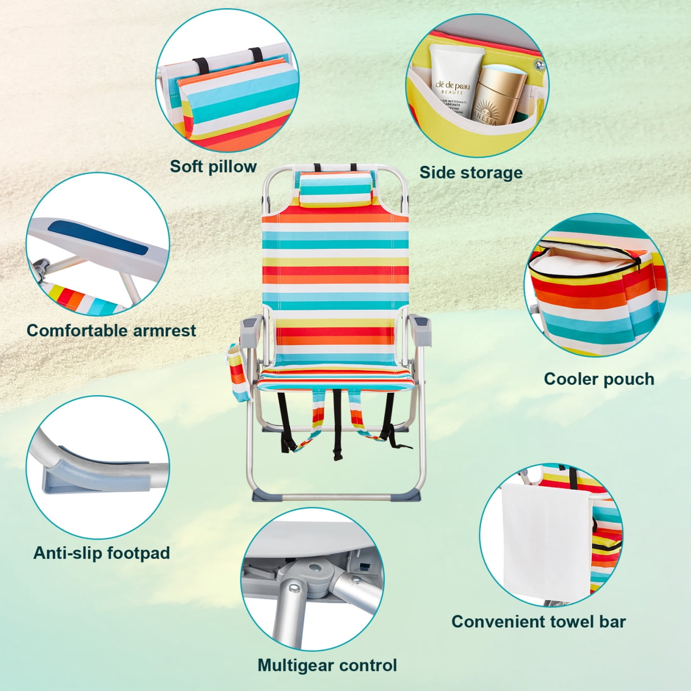 voqoomkl Aluminum Beach Chair with 5-Position Adjustable Backrest and Storage Pouch (Rainbow Stripes, 220 lb Capacity) 7f355