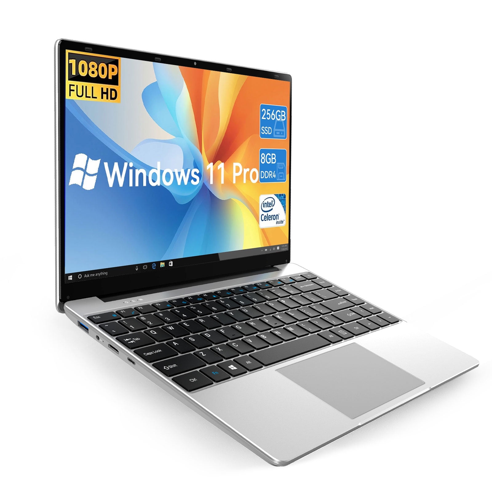 TEMLICOLO 15.6 in Laptop Windows 11 Pro Intel Celeron 8GB RAM 256GB SSD Full HD IPS Display (Silver, 15.6 in) 97p24