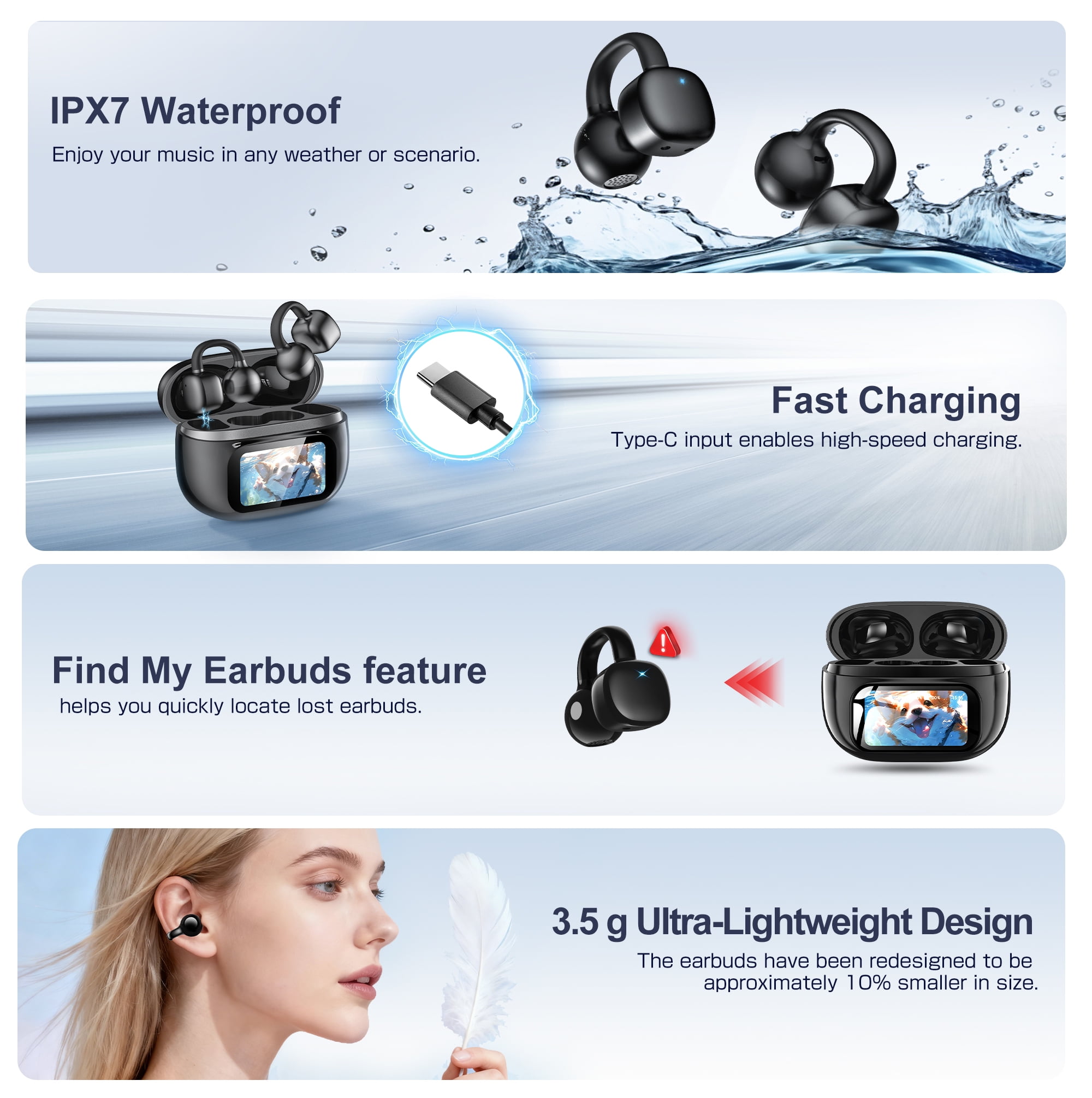 Breezio Open-Ear Wireless Earbuds with Smart Touchscreen Charging Case (Black) kp5sy