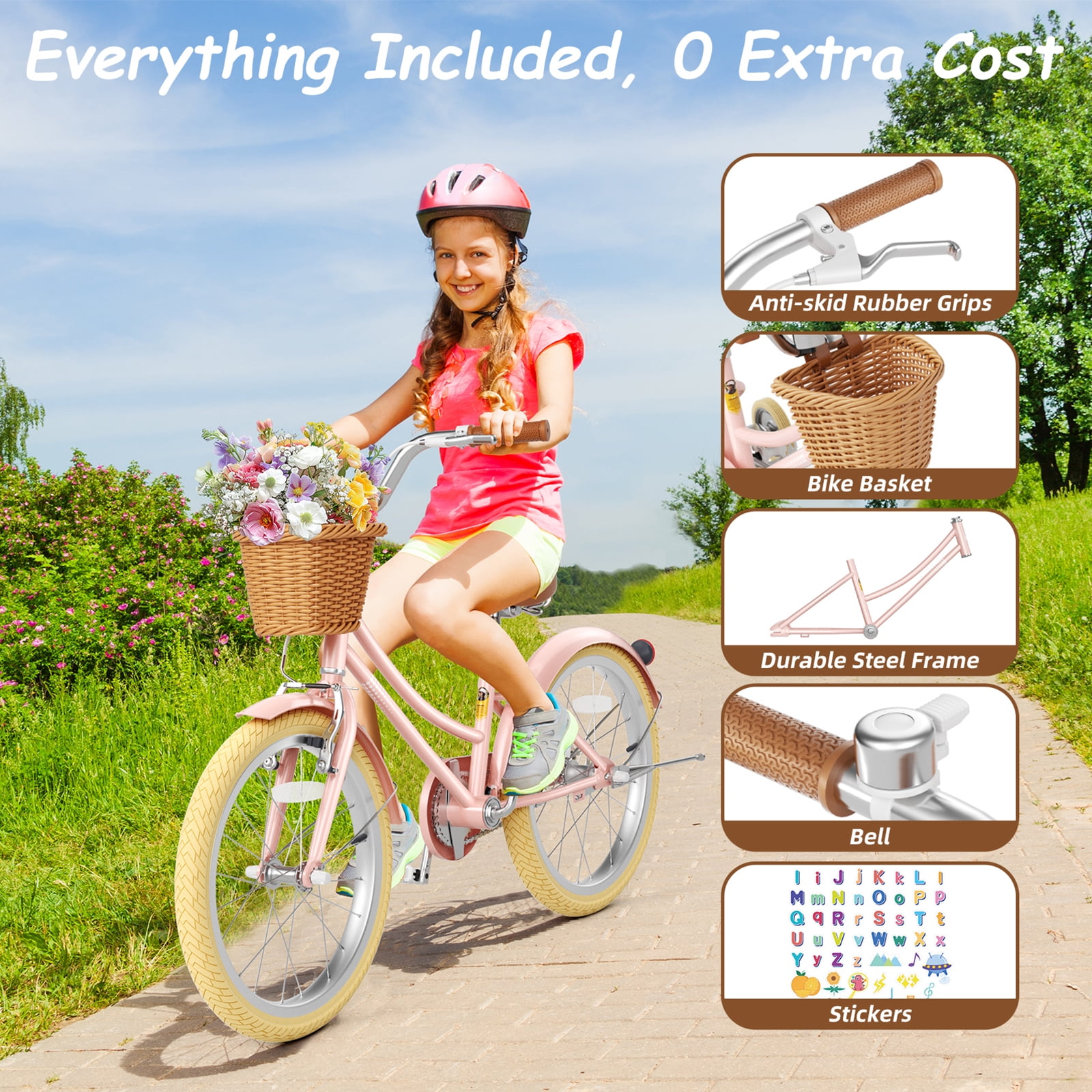 XJD 20 Inch Girls Bicycle with Basket and Kickstand (Pink, 20 in) vss94