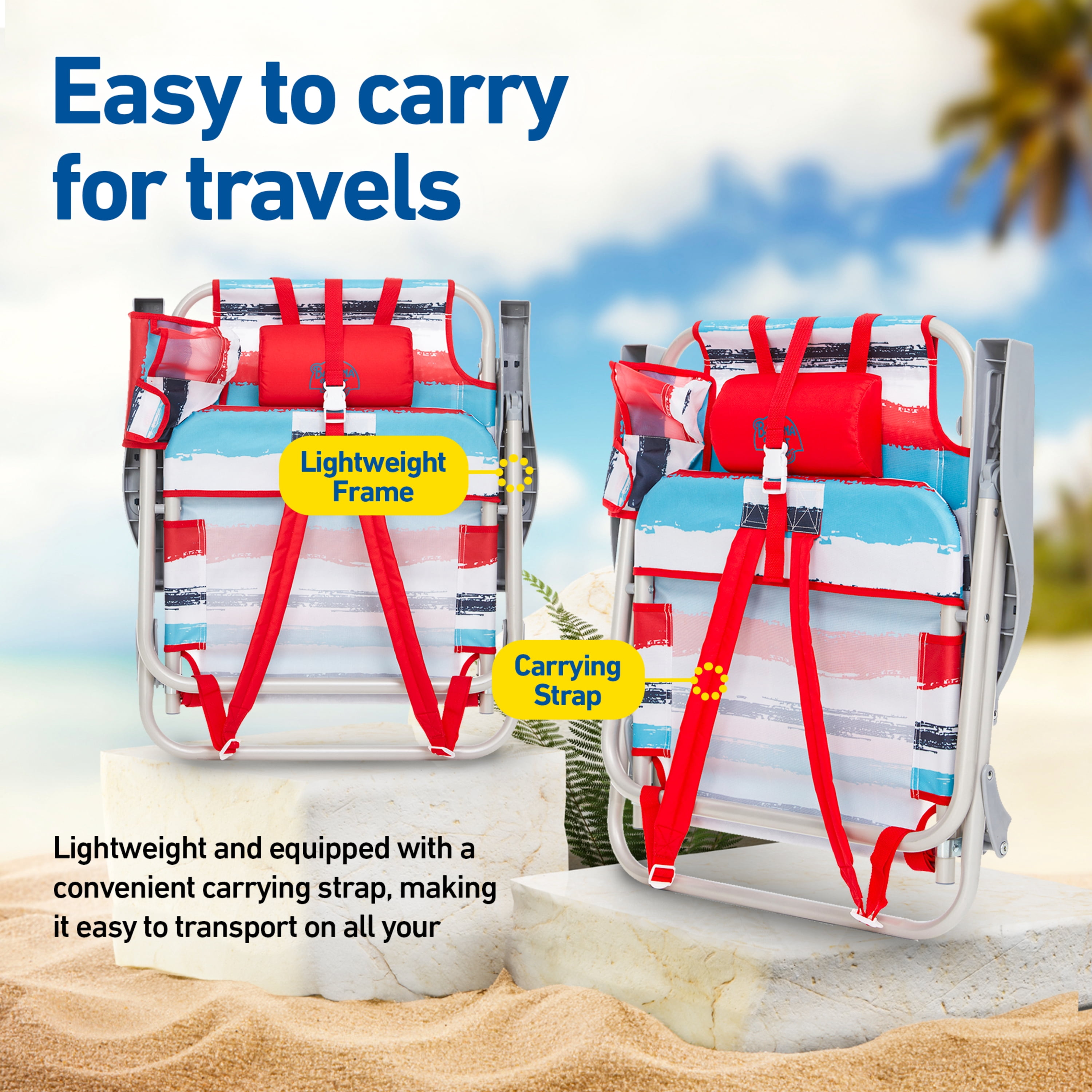 Banana Boat Backpack Beach Chair, Lightweight Aluminum Folding Chair with 5-Position Recline, Headrest, and Insulated Pocket (Red, 2 Pack) auy7n