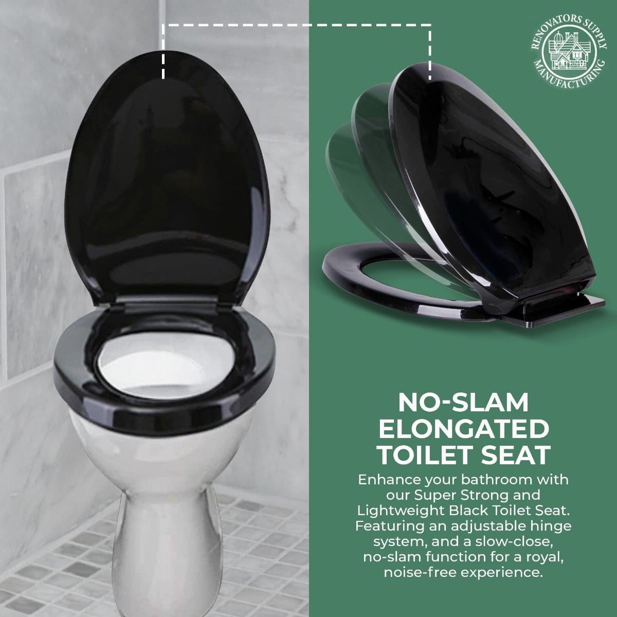 Renovator's Supply Elongated Toilet Seat (Black, 19.25 in) Slow Close Soft Close Plastic Lid with Adjustable Hinges khdga