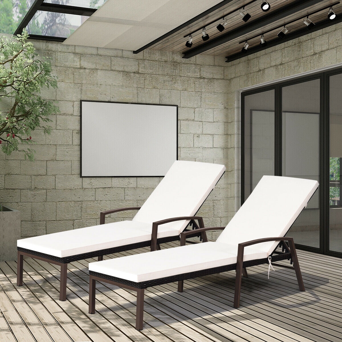 Costway 2-Piece Patio Rattan Lounge Chair Set with Adjustable Backrest and Cushions (Off-White) gvlci