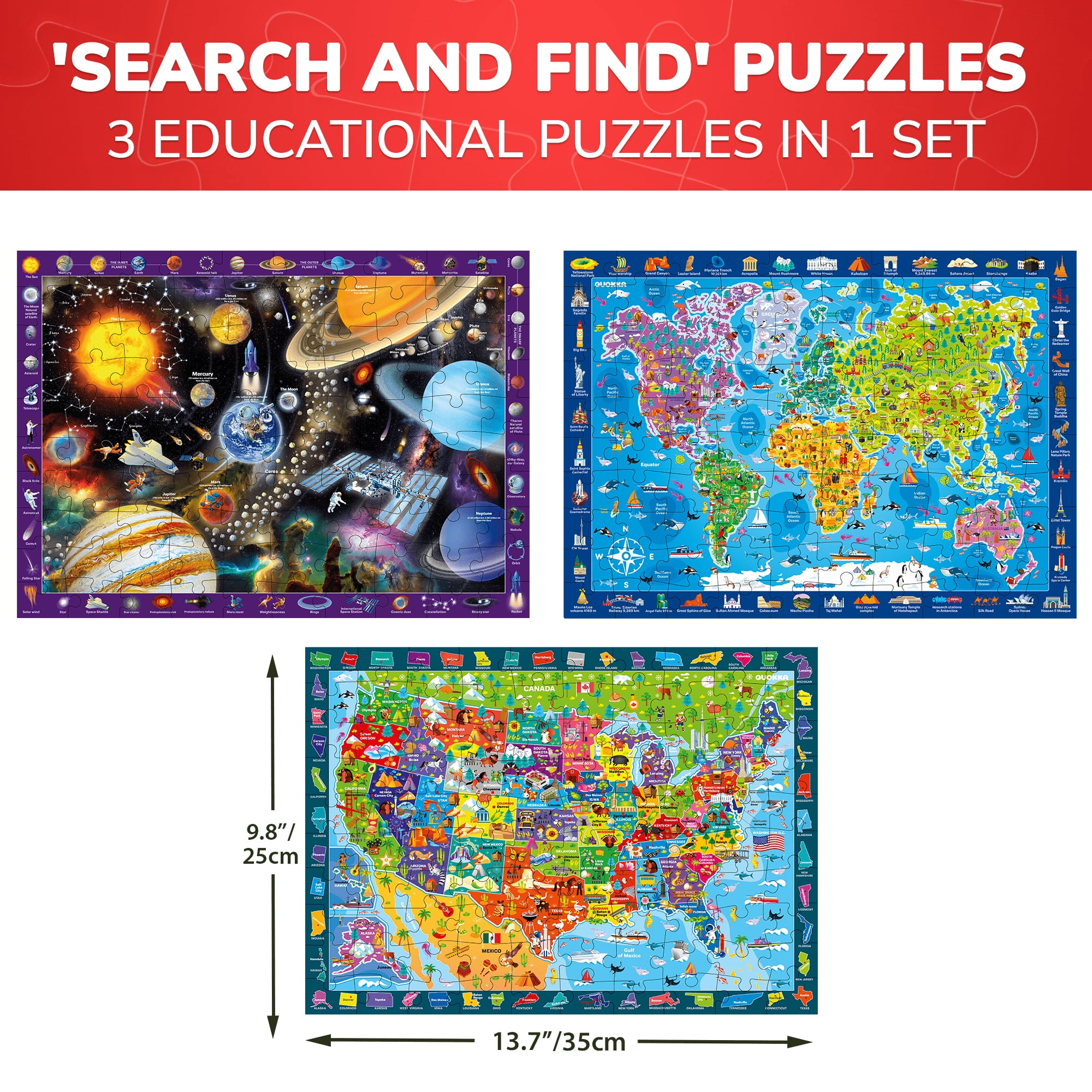 Quokka Educational Floor Puzzle Set for Kids, World Map, Solar System, and USA Map (3 Pack, 100 Pieces) p1sv1