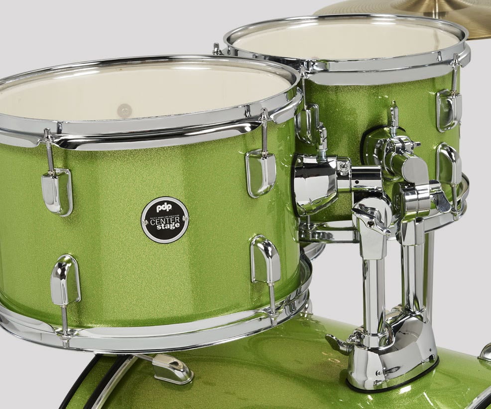 PDP Center Stage 5-Piece Full Drum Kit with Hardware and Cymbals (Electric Green Sparkle, 10/12/14/22 in) wydzs