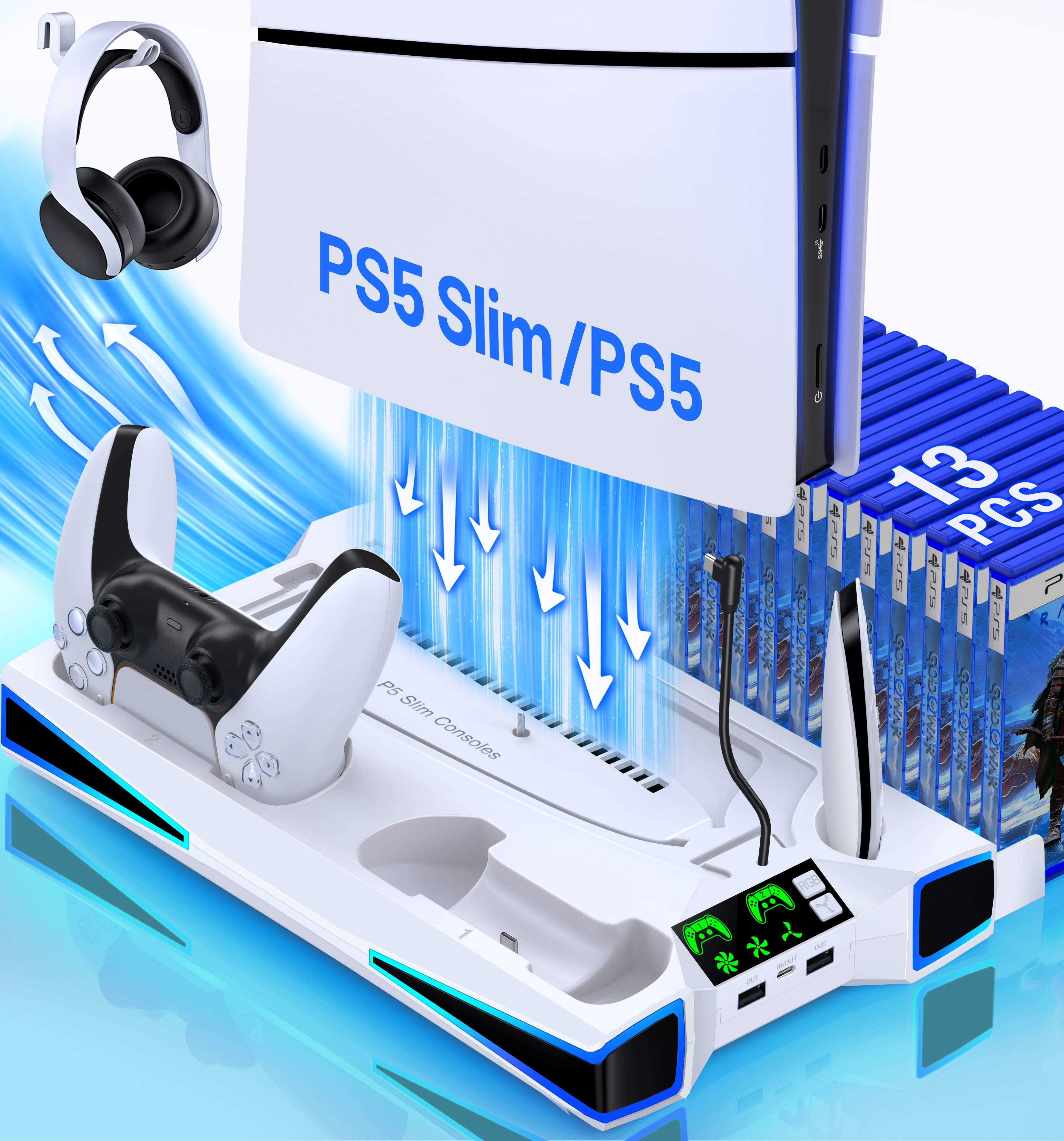 EUROA PS5 Cooling Stand with Dual Controller Charger and 13 Game Slots (White, 1 Pack) 4e1o8